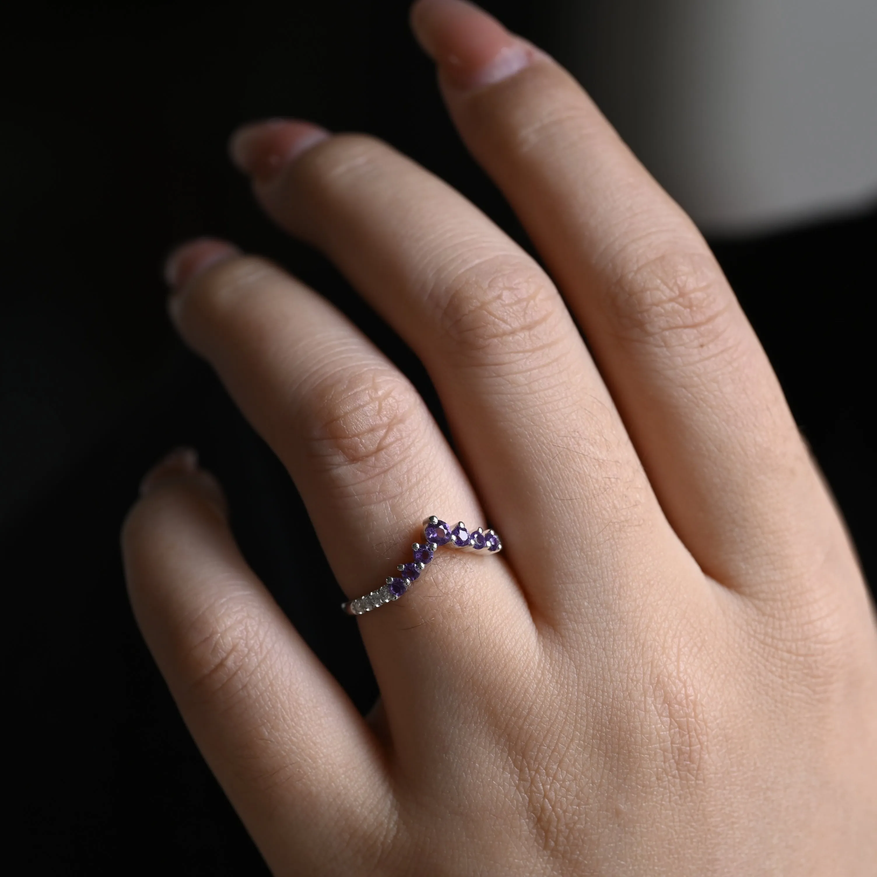 Solid Gold Curved Round Cut Moissanite & Amethyst Wedding Band sold by Causyou product image thumbnail 2