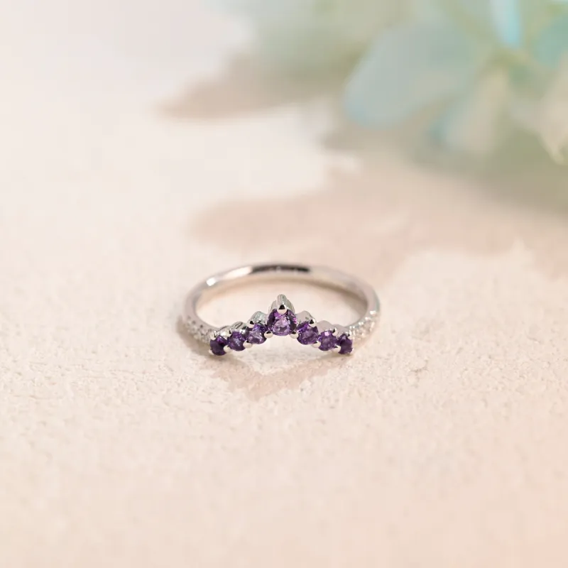 Solid Gold Curved Round Cut Moissanite & Amethyst Wedding Band sold by Causyou