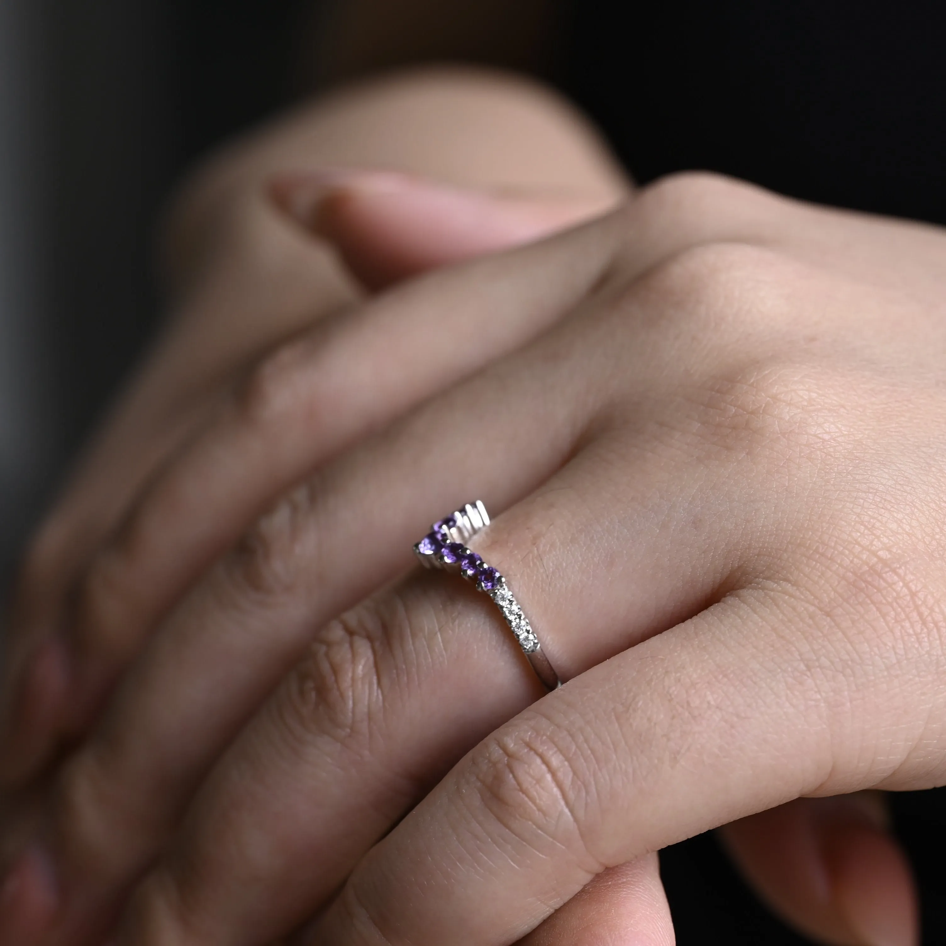 Solid Gold Curved Round Cut Moissanite & Amethyst Wedding Band sold by Causyou product image thumbnail 3