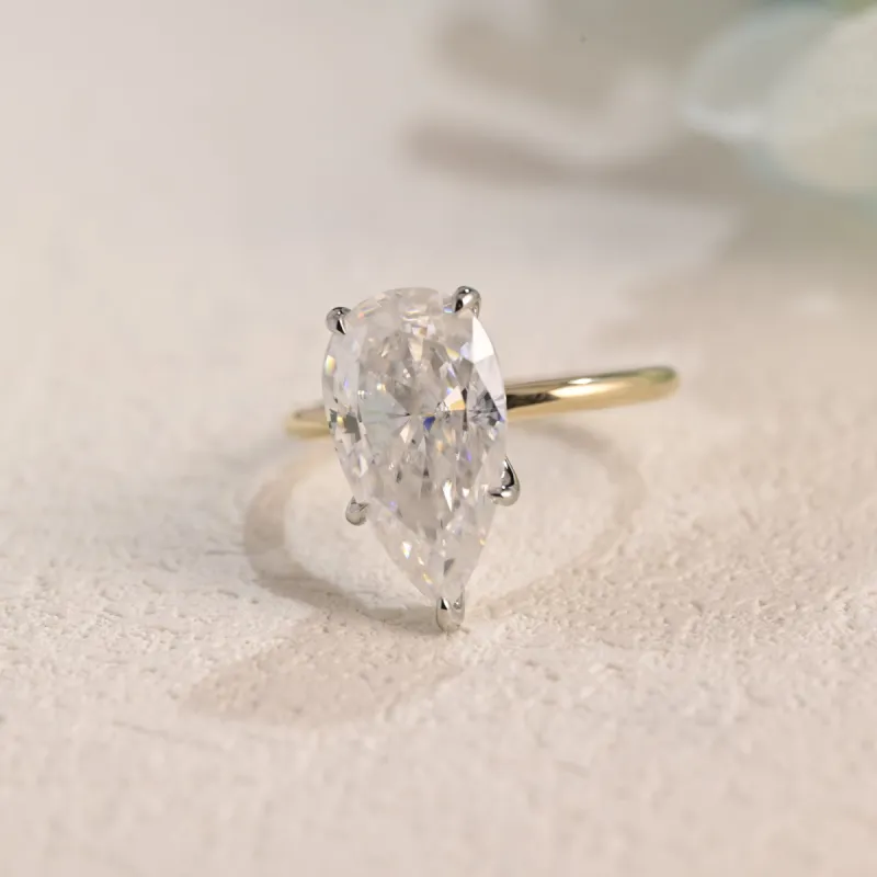Solid Gold Two Tone Pear Cut Moissanite Engagement Ring Hidden Halo sold by Causyou
