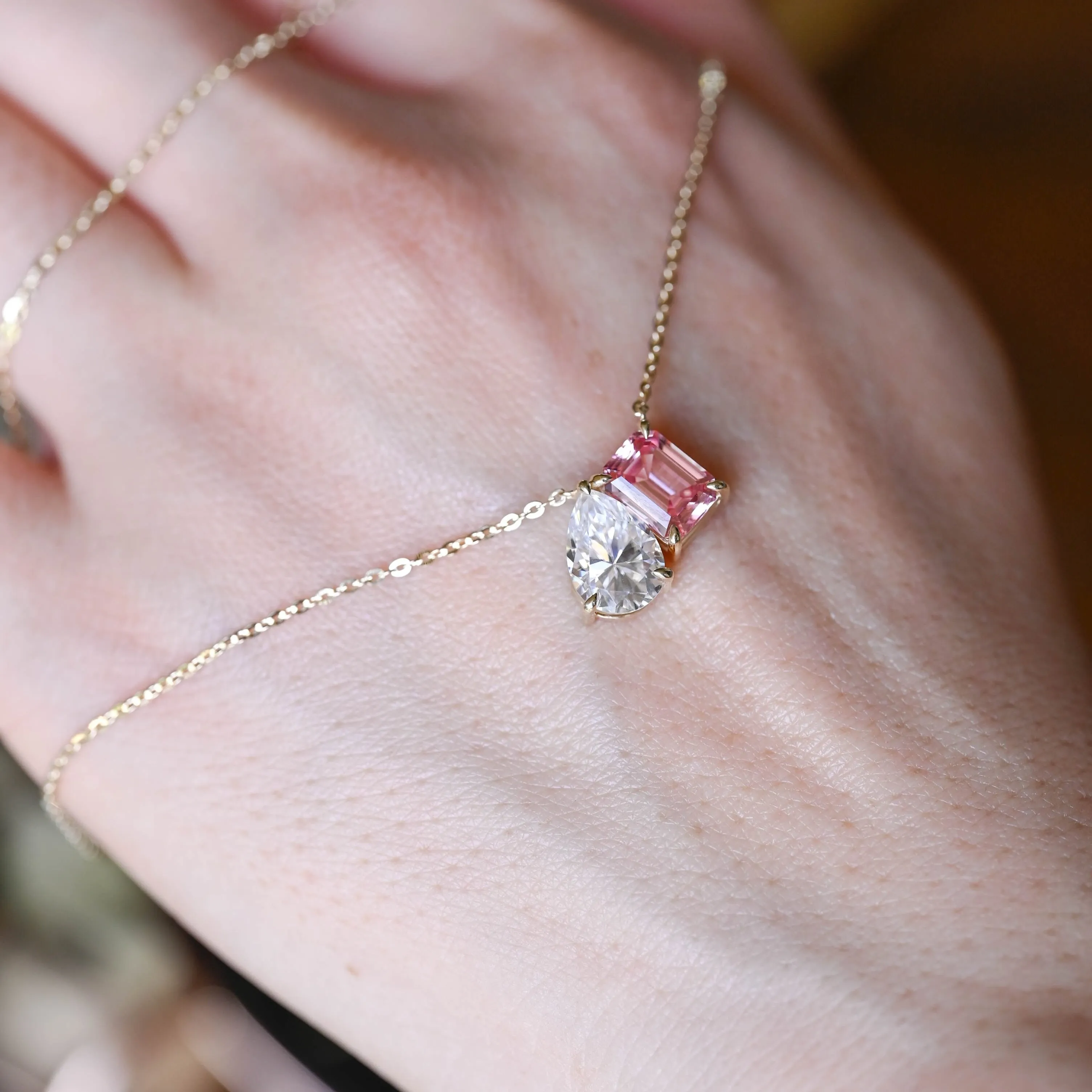 Solid Gold Toi et Moi Pink Emerald Cut & Pear Cut Moissanite Necklace sold by Causyou product image thumbnail 4