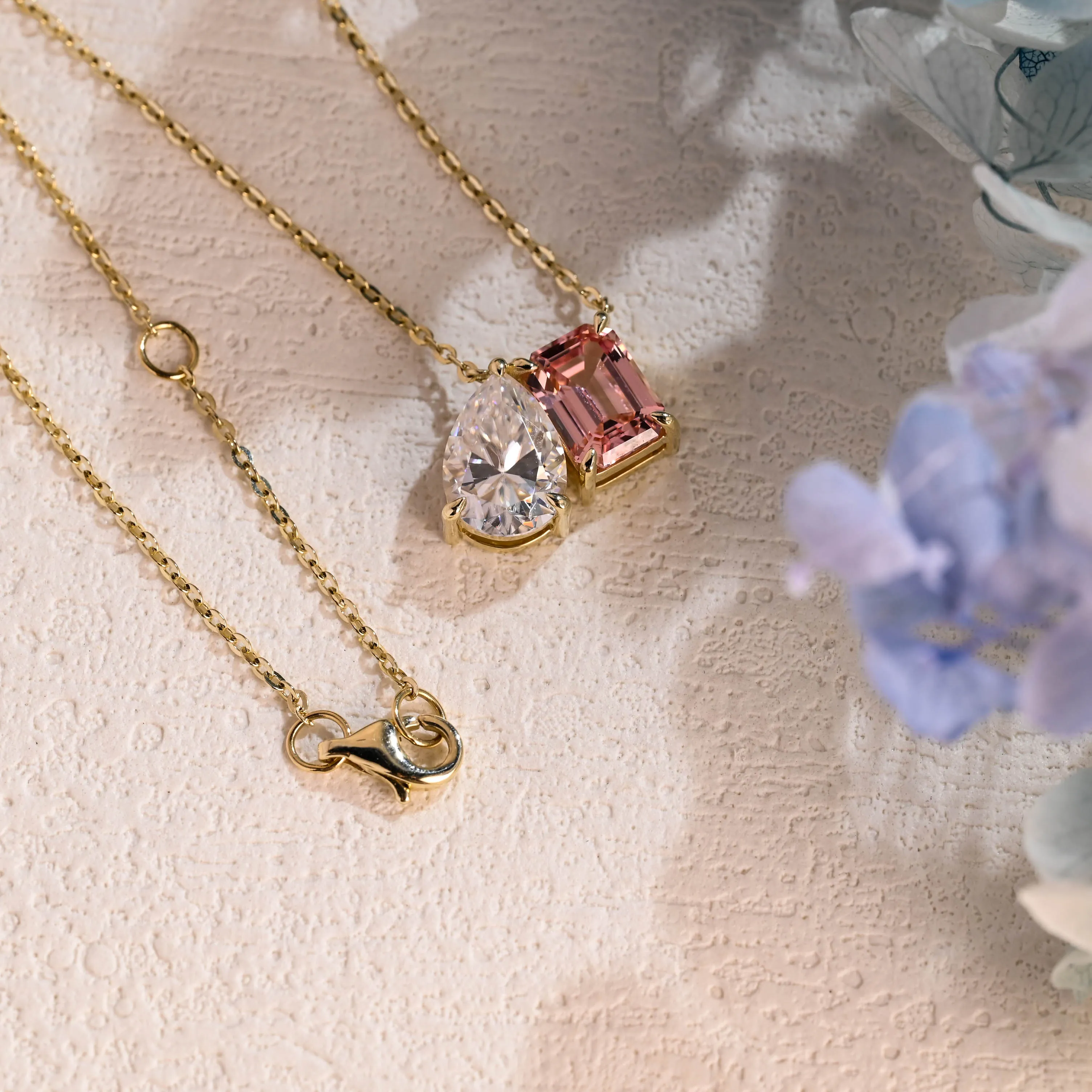 Solid Gold Toi et Moi Pink Emerald Cut & Pear Cut Moissanite Necklace sold by Causyou product image thumbnail 5