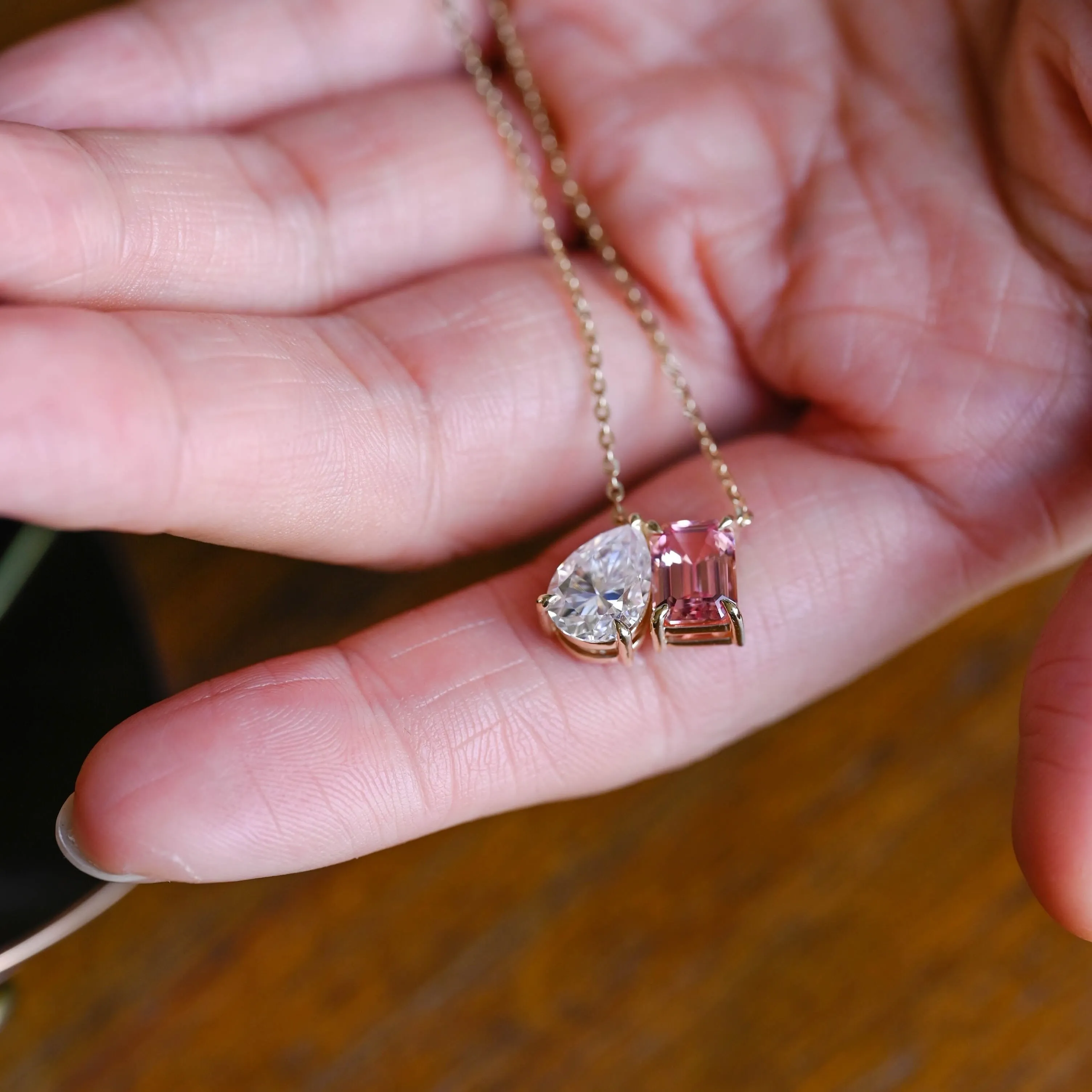 Solid Gold Toi et Moi Pink Emerald Cut & Pear Cut Moissanite Necklace sold by Causyou product image thumbnail 3