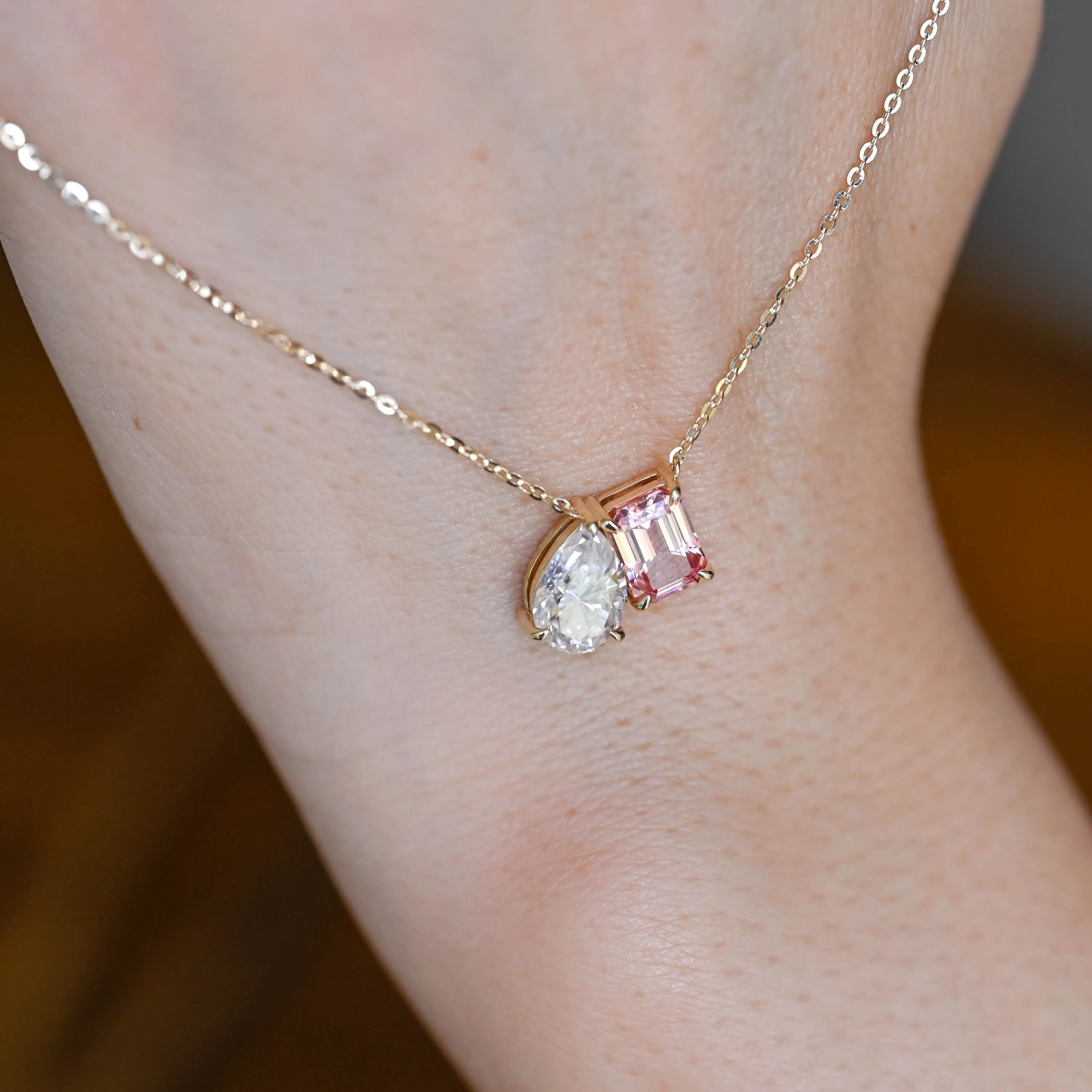 Solid Gold Toi et Moi Pink Emerald Cut & Pear Cut Moissanite Necklace sold by Causyou product image thumbnail 2