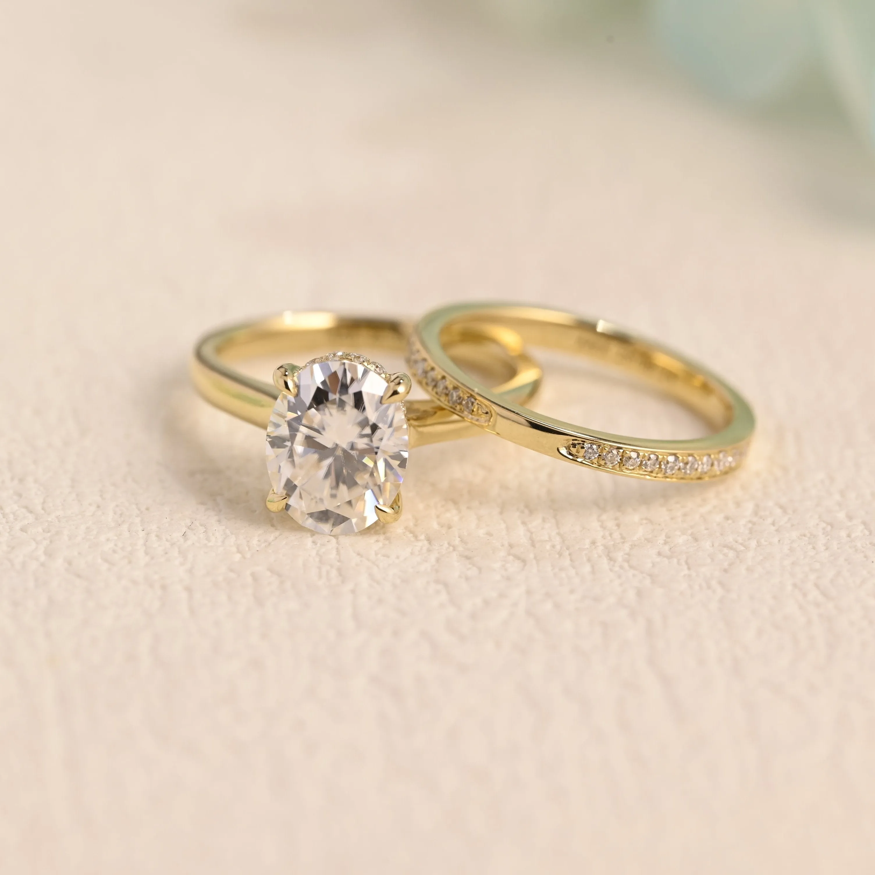 Solid Gold Oval Cut Moissanite Engagement Ring Set Hidden Halo sold by Causyou