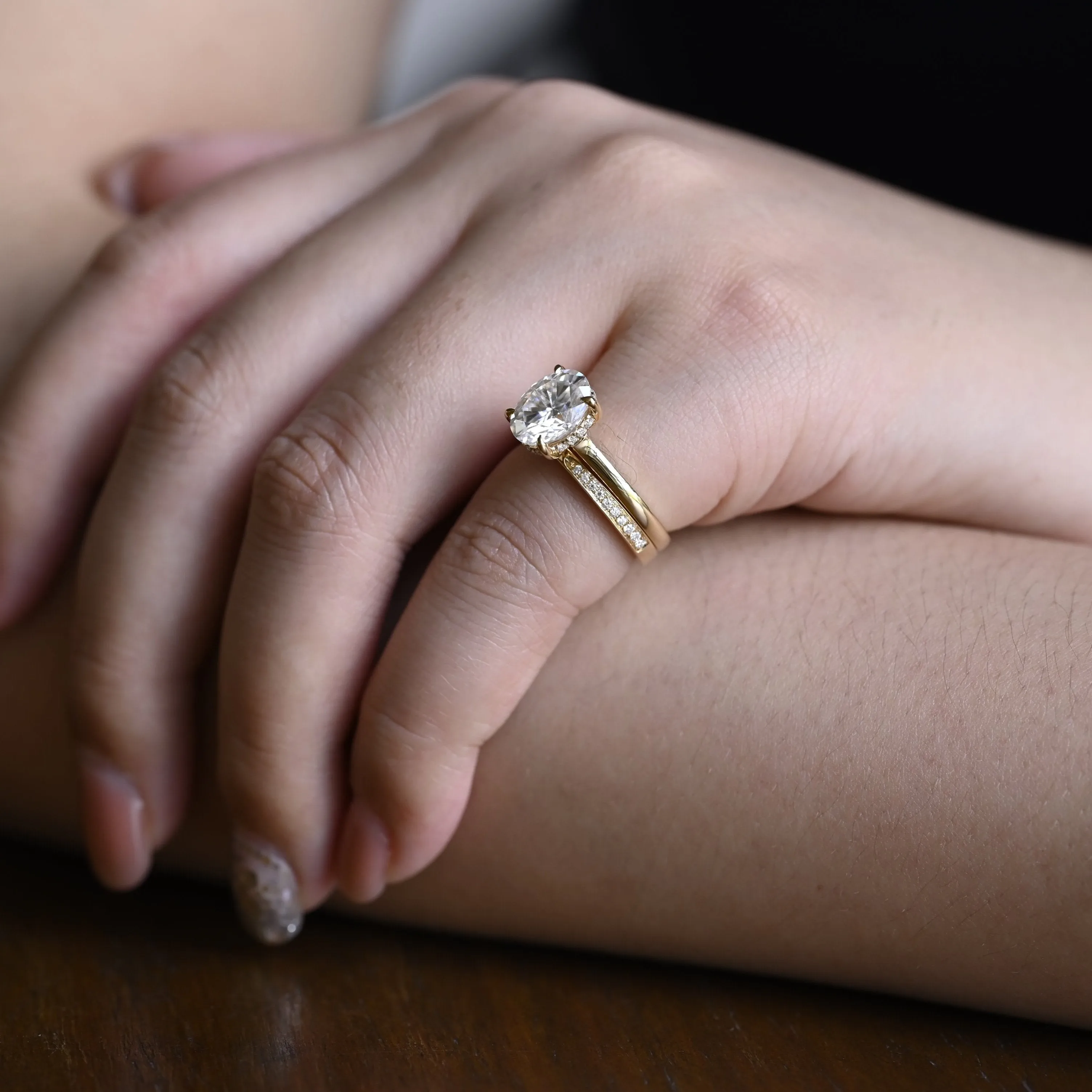 Solid Gold Oval Cut Moissanite Engagement Ring Set Hidden Halo sold by Causyou product image thumbnail 4