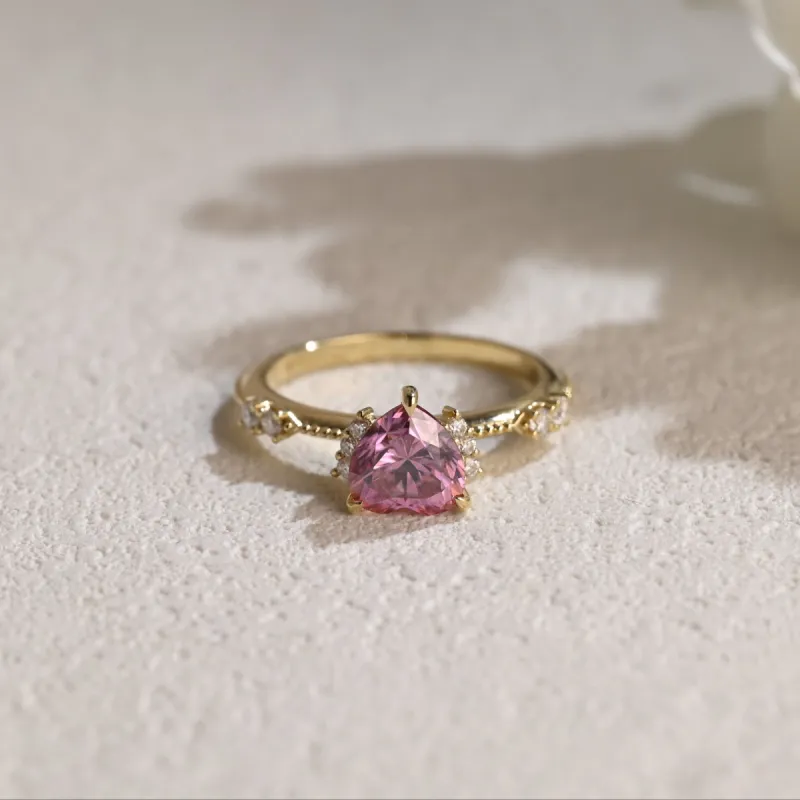 Solid Gold Heart Cut Pink Moissanite Engagement Ring Beaded Ring sold by Causyou