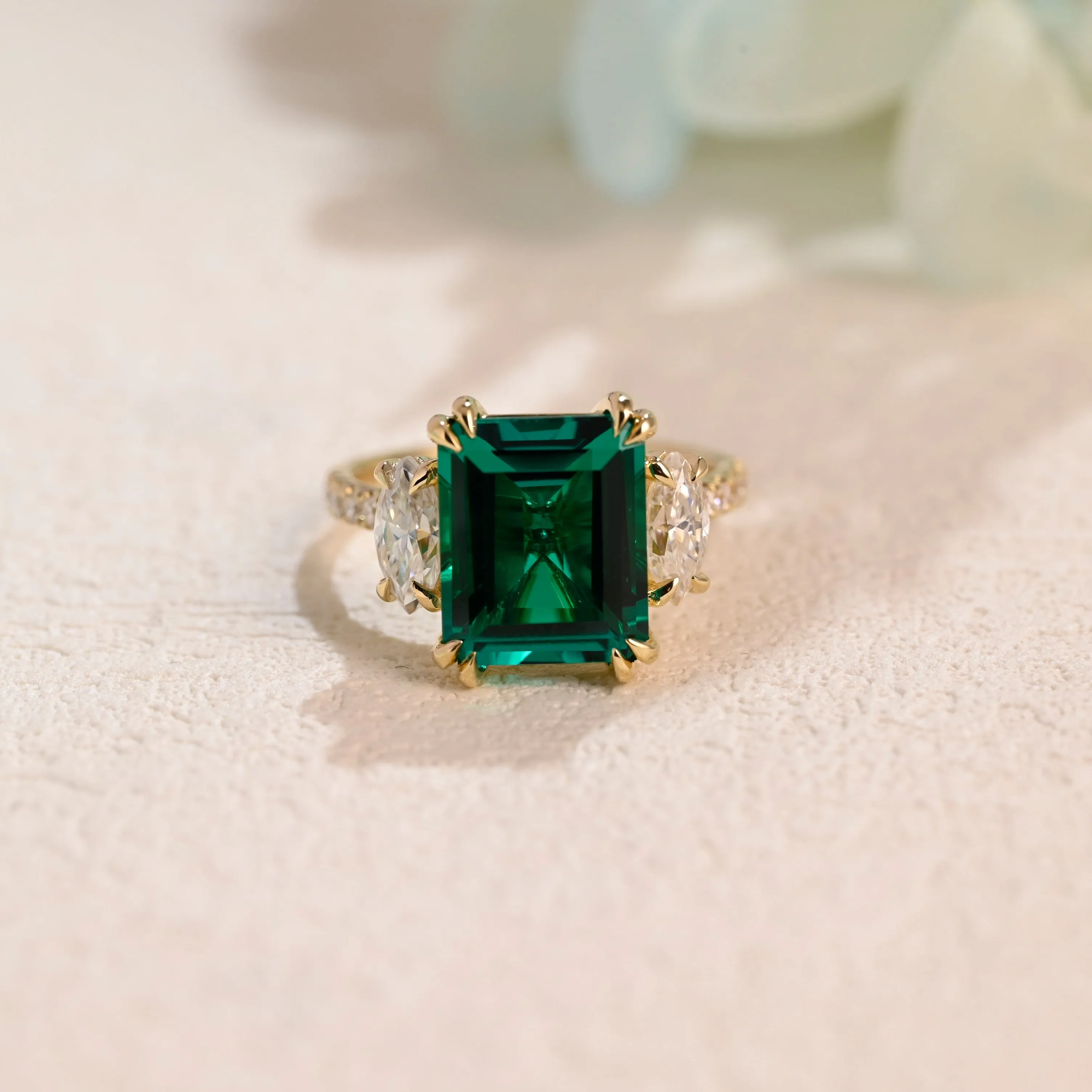 Solid Gold Three Stone Lab Emerald Engagement Ring sold by Causyou