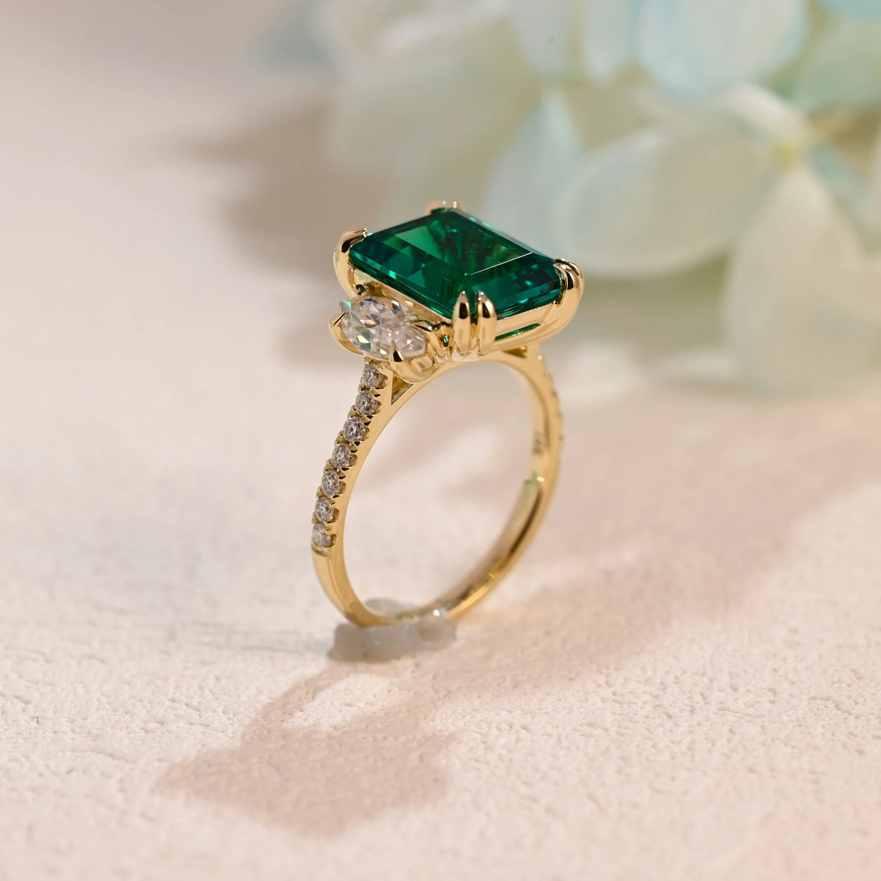Solid Gold Three Stone Lab Emerald Engagement Ring sold by Causyou product image thumbnail 5