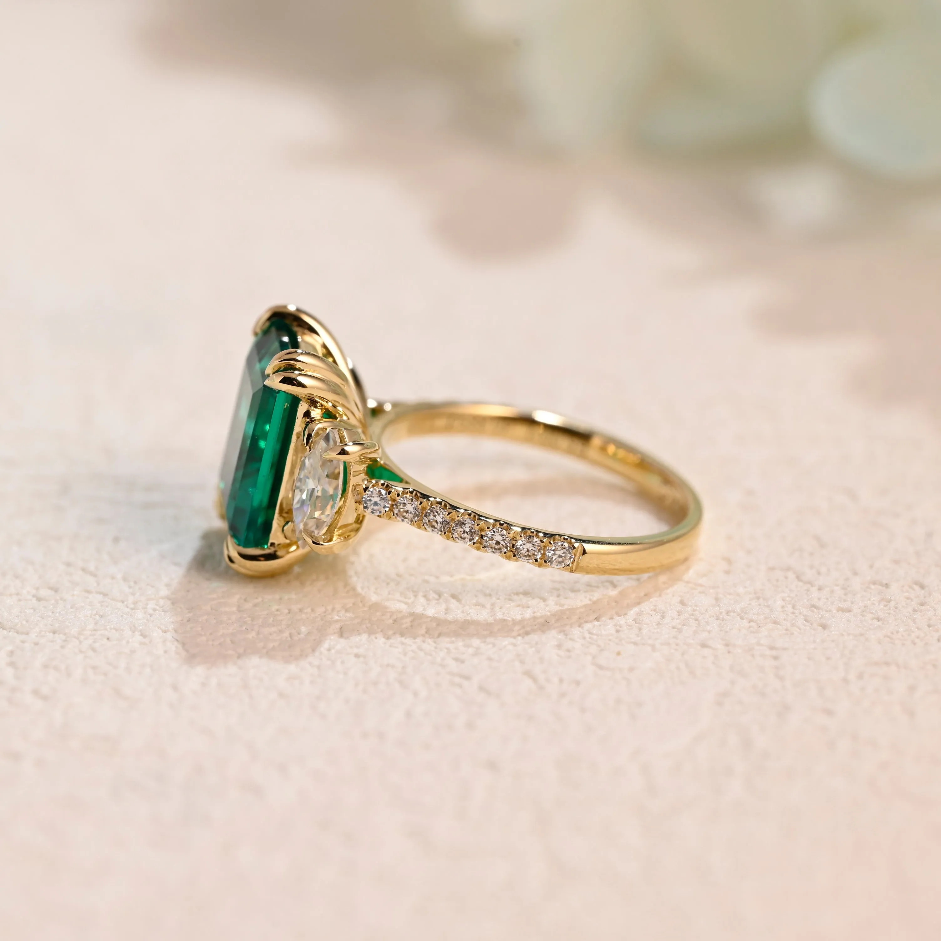 Solid Gold Three Stone Lab Emerald Engagement Ring sold by Causyou product image thumbnail 2
