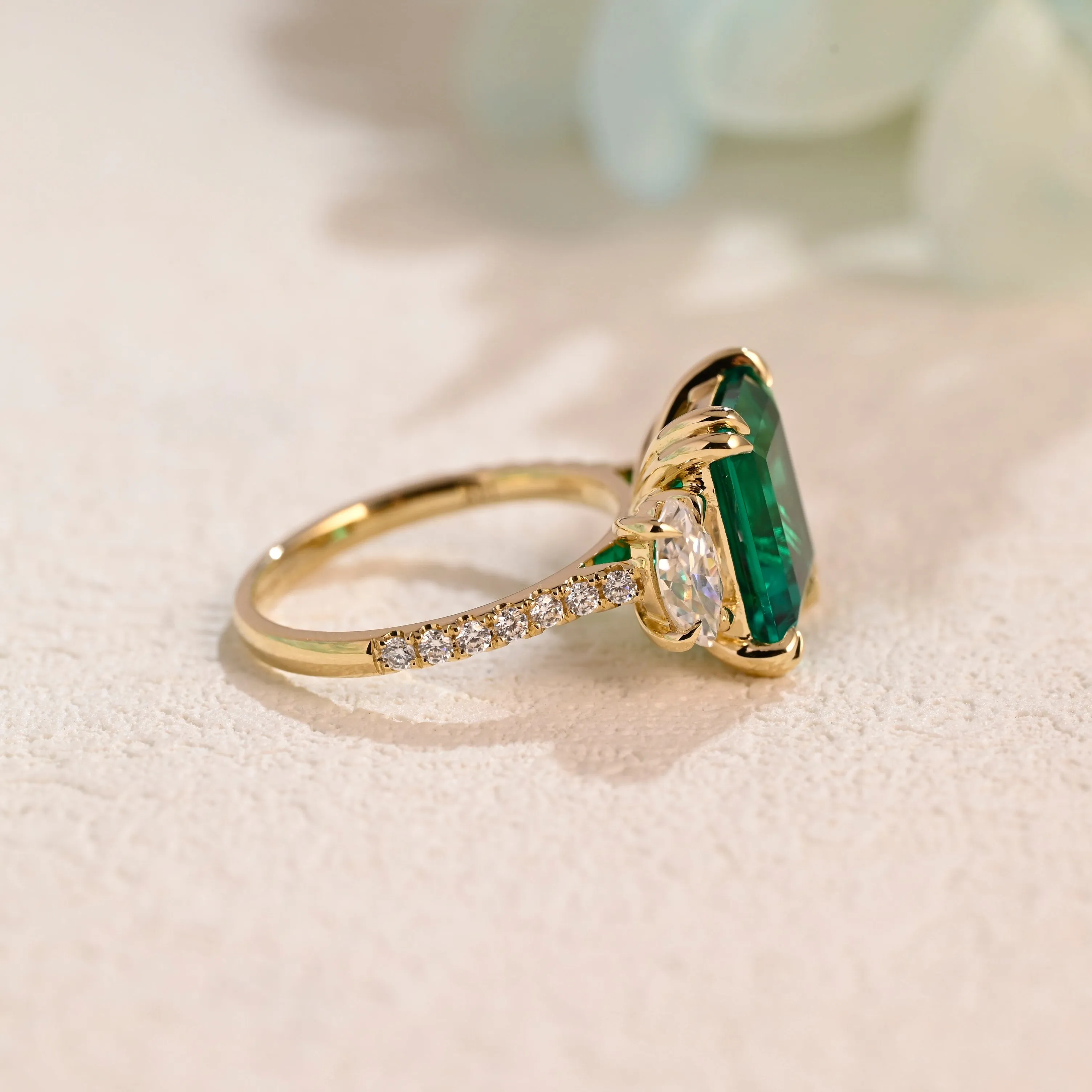 Solid Gold Three Stone Lab Emerald Engagement Ring sold by Causyou product image thumbnail 4