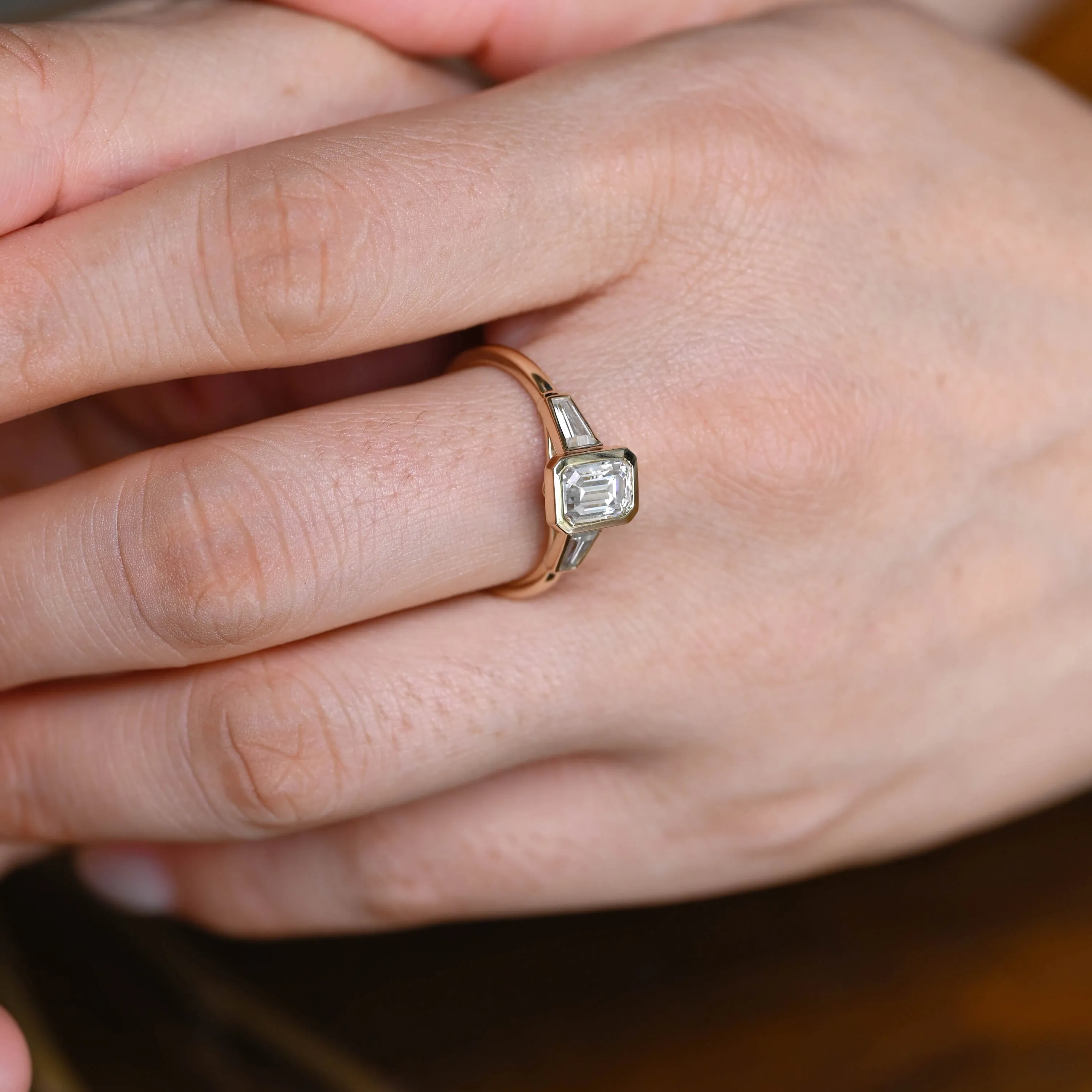 Solid Gold Emerald Cut Moissanite Engagement Ring, Three Stone Ring sold by Causyou product image thumbnail 4