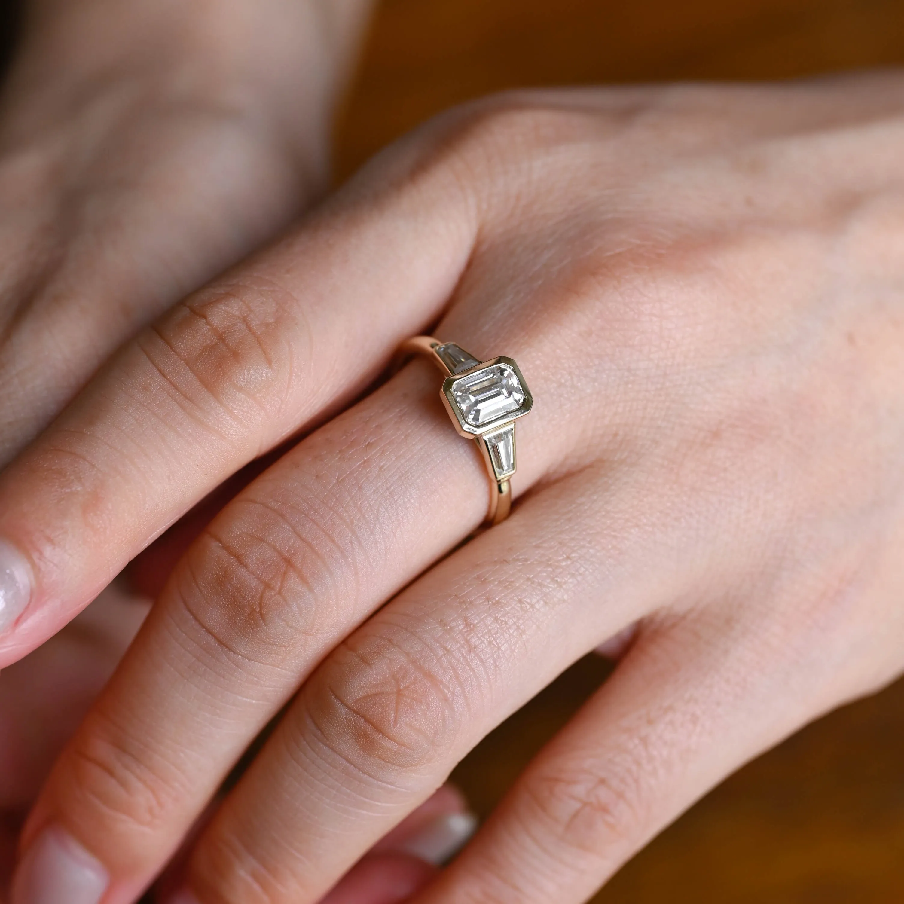 Solid Gold Emerald Cut Moissanite Engagement Ring, Three Stone Ring sold by Causyou product image thumbnail 2