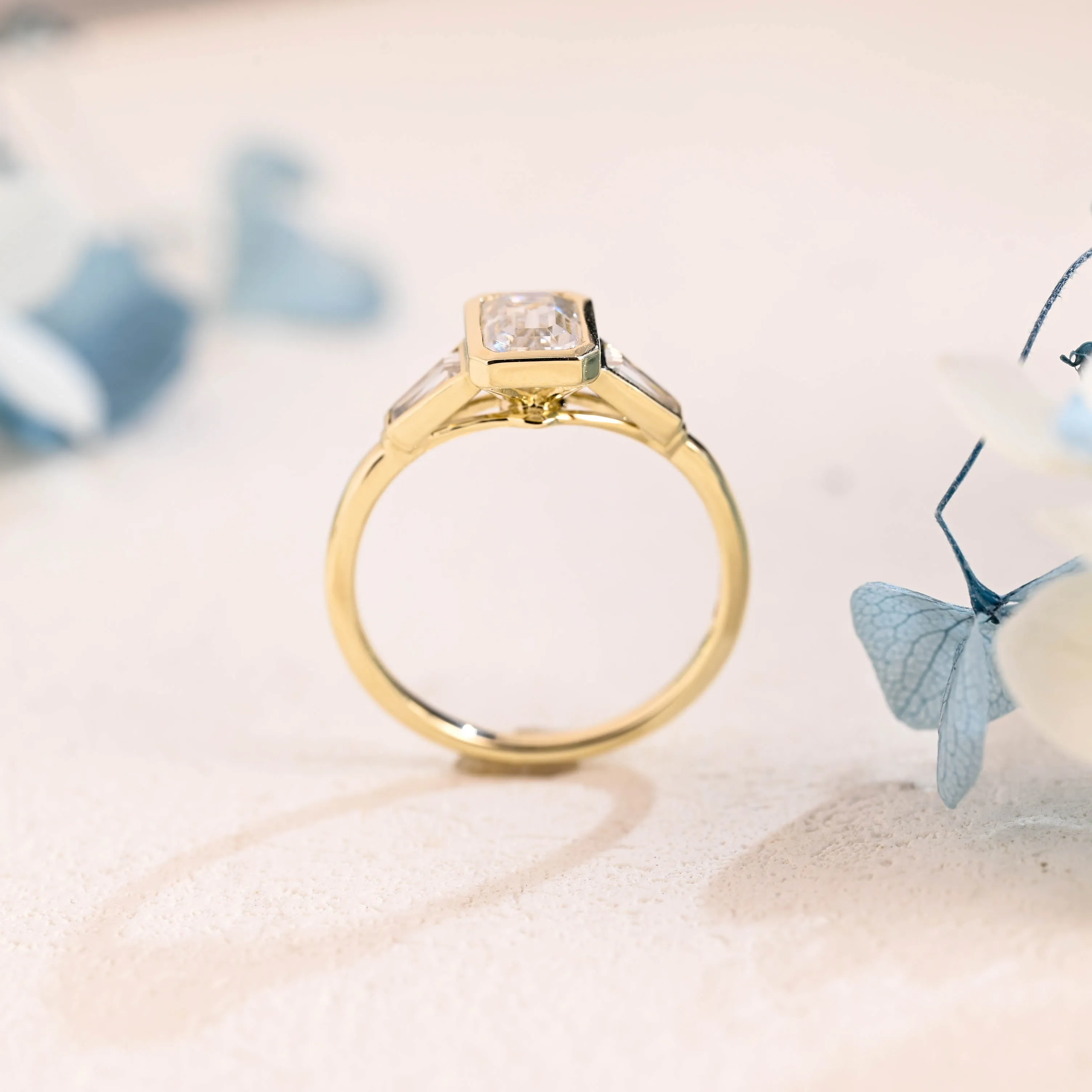 Solid Gold Emerald Cut Moissanite Engagement Ring, Three Stone Ring sold by Causyou product image thumbnail 5