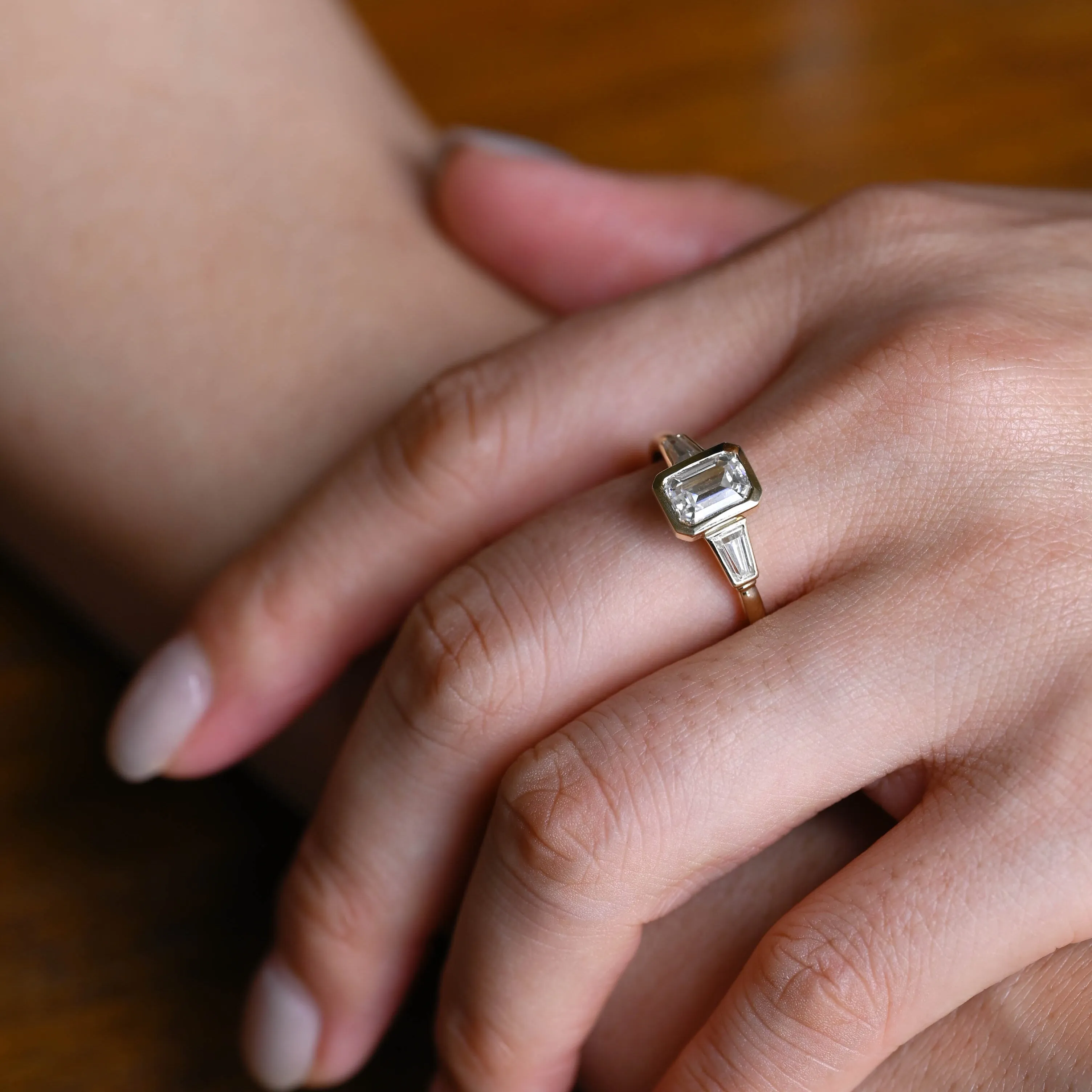 Solid Gold Emerald Cut Moissanite Engagement Ring, Three Stone Ring sold by Causyou product image thumbnail 3