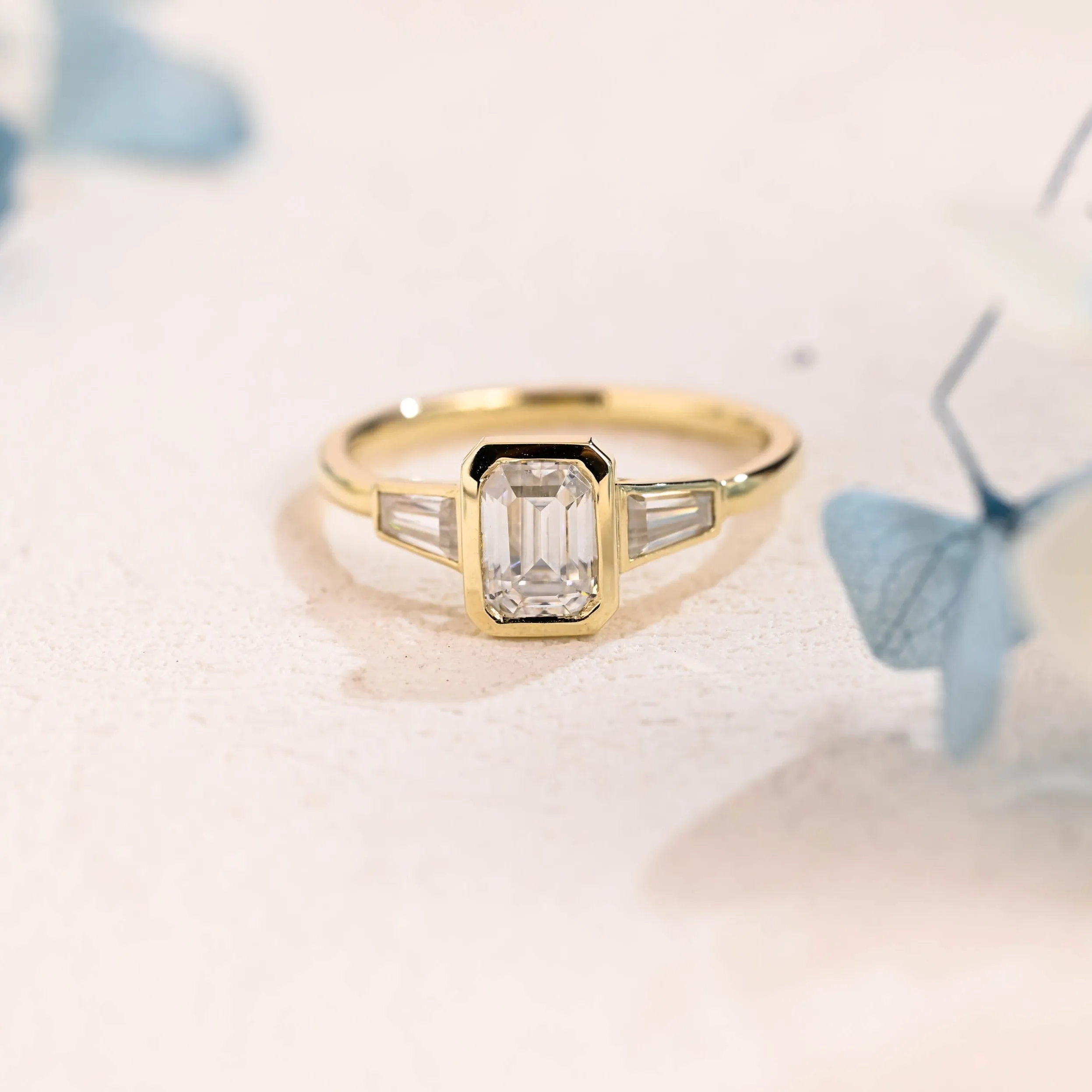 Solid Gold Emerald Cut Moissanite Engagement Ring, Three Stone Ring sold by Causyou