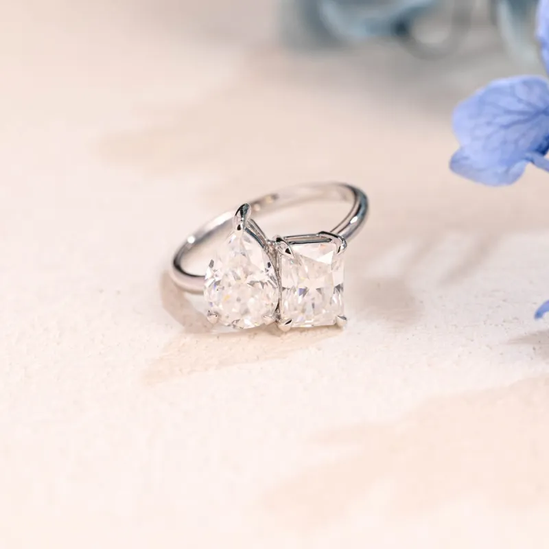 Solid Gold Toi Et Moi Radiant & Pear Cut Moissanite Engagement Ring made by Causyou