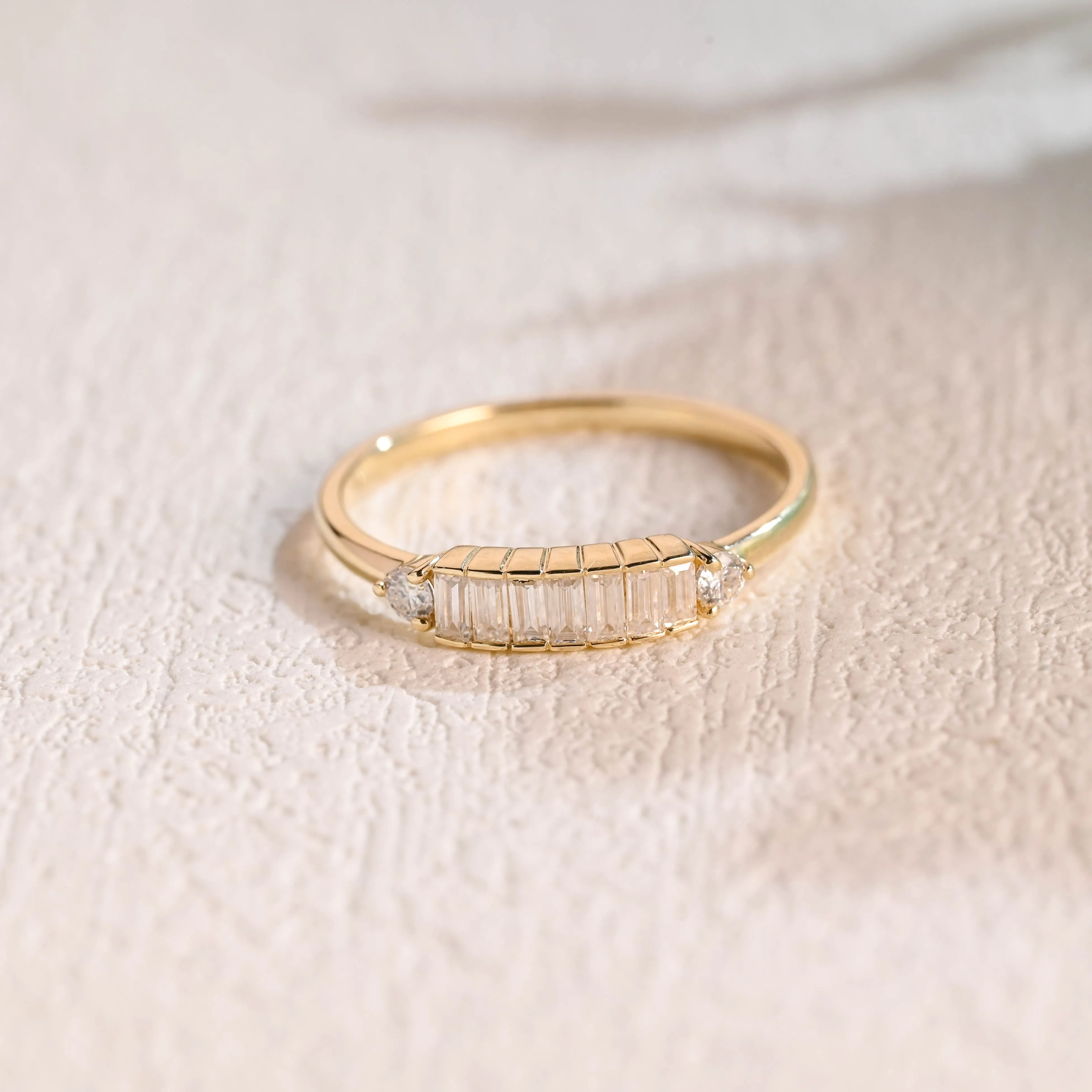 Solid Gold Baguette & Round Cut Moissanite Wedding Band sold by Causyou