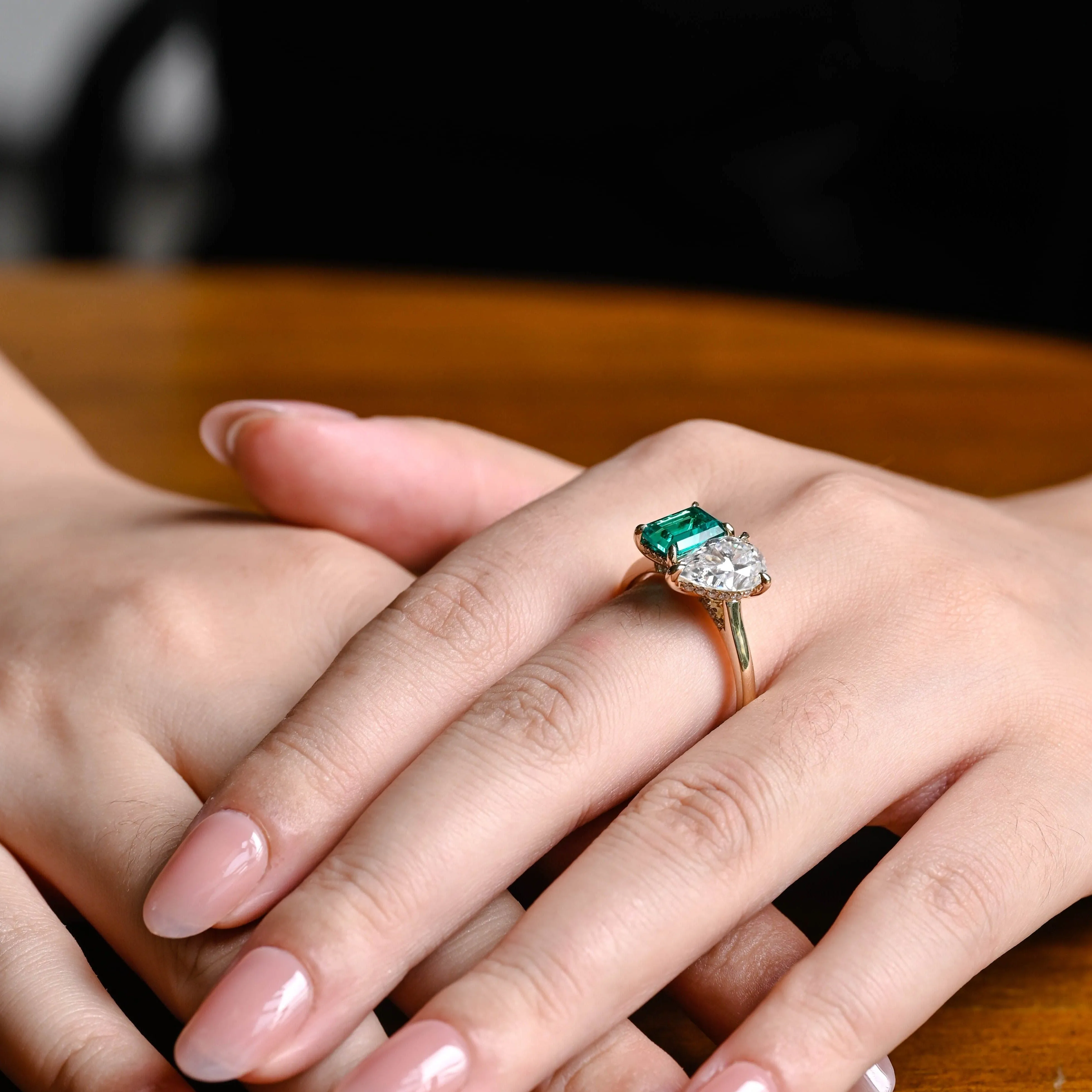 Solid Gold Toi Et Moi Pear Cut Moissanite & Lab Grown Emerald Engagement Ring sold by Causyou product image thumbnail 4