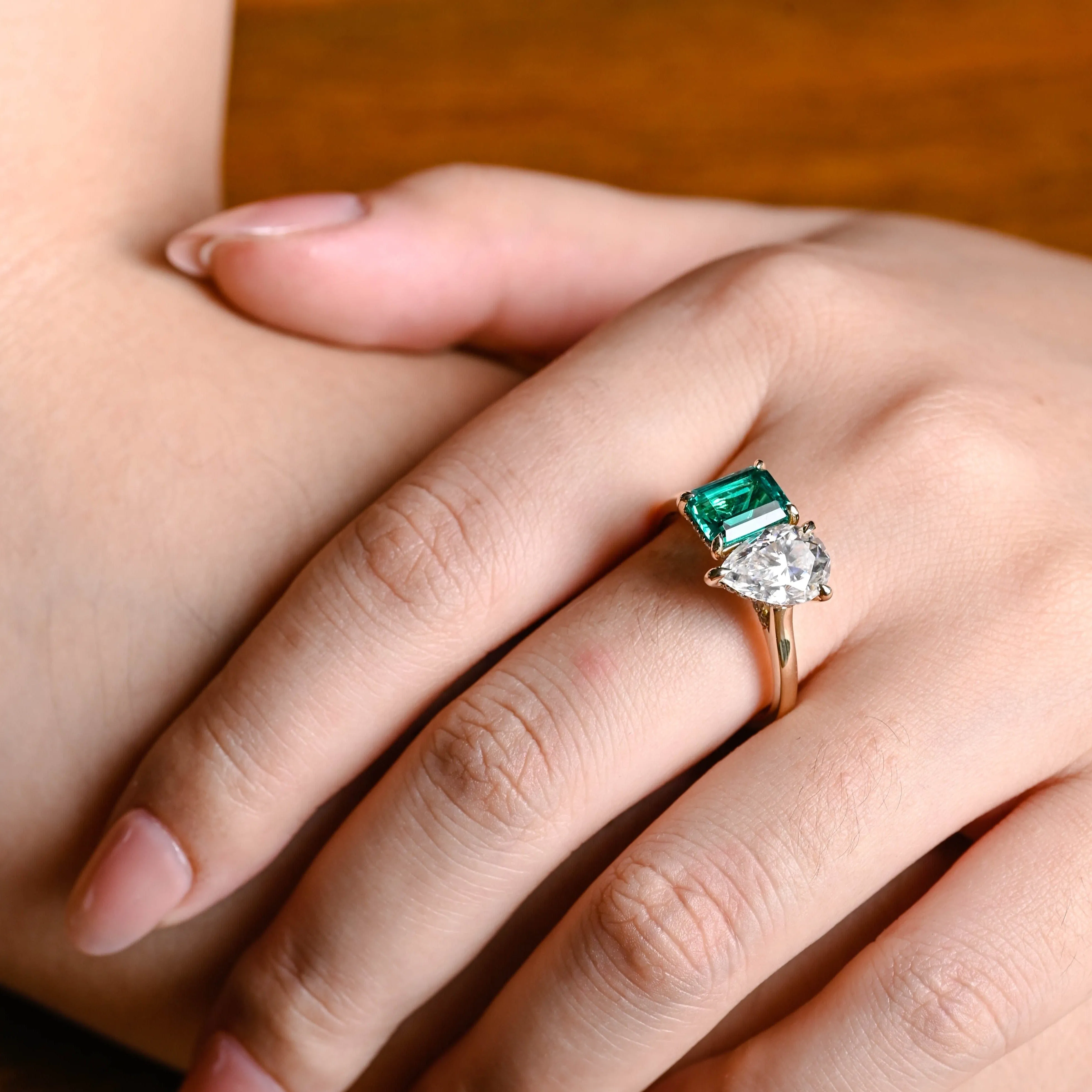 Solid Gold Toi Et Moi Pear Cut Moissanite & Lab Grown Emerald Engagement Ring sold by Causyou product image thumbnail 2