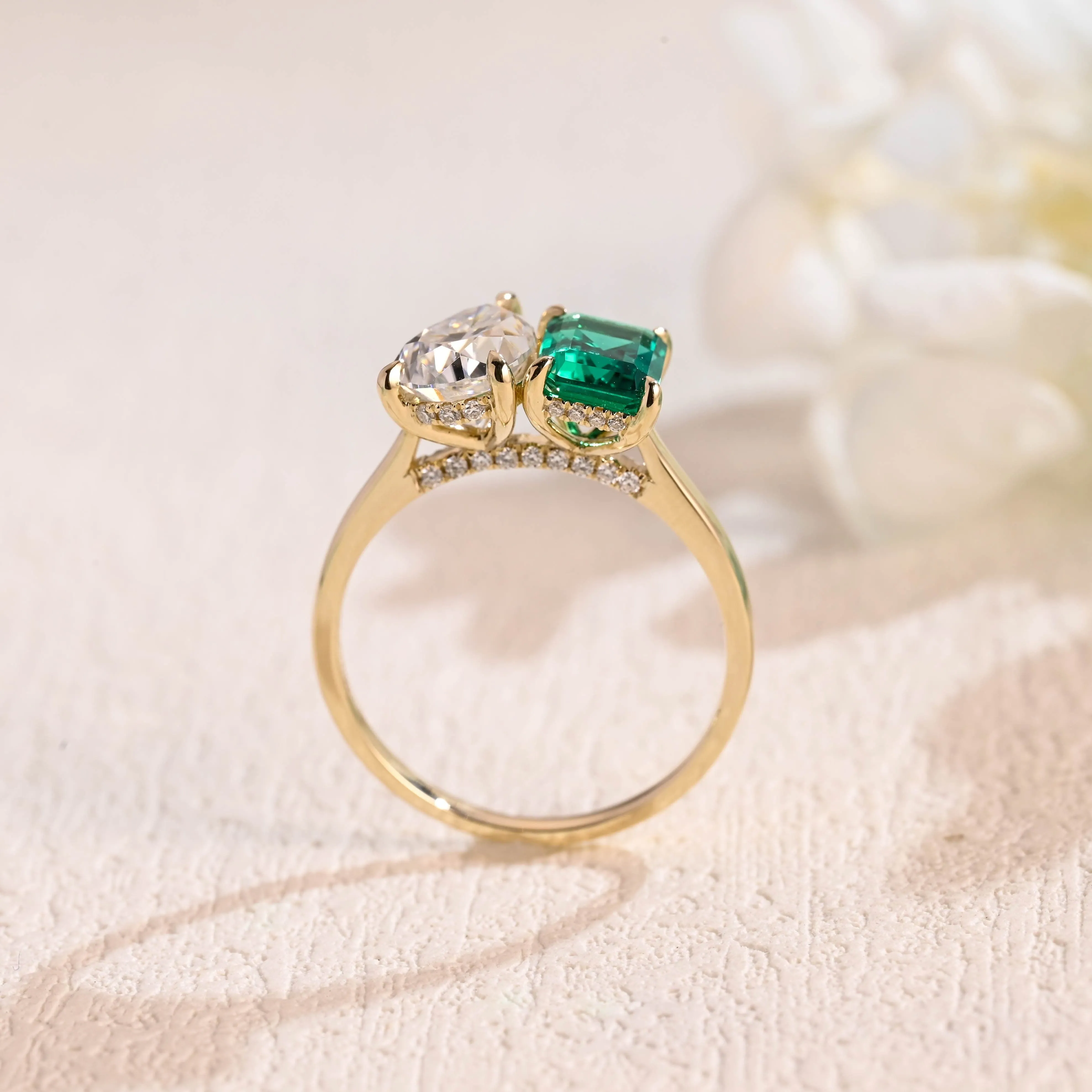 Solid Gold Toi Et Moi Pear Cut Moissanite & Lab Grown Emerald Engagement Ring sold by Causyou product image thumbnail 5