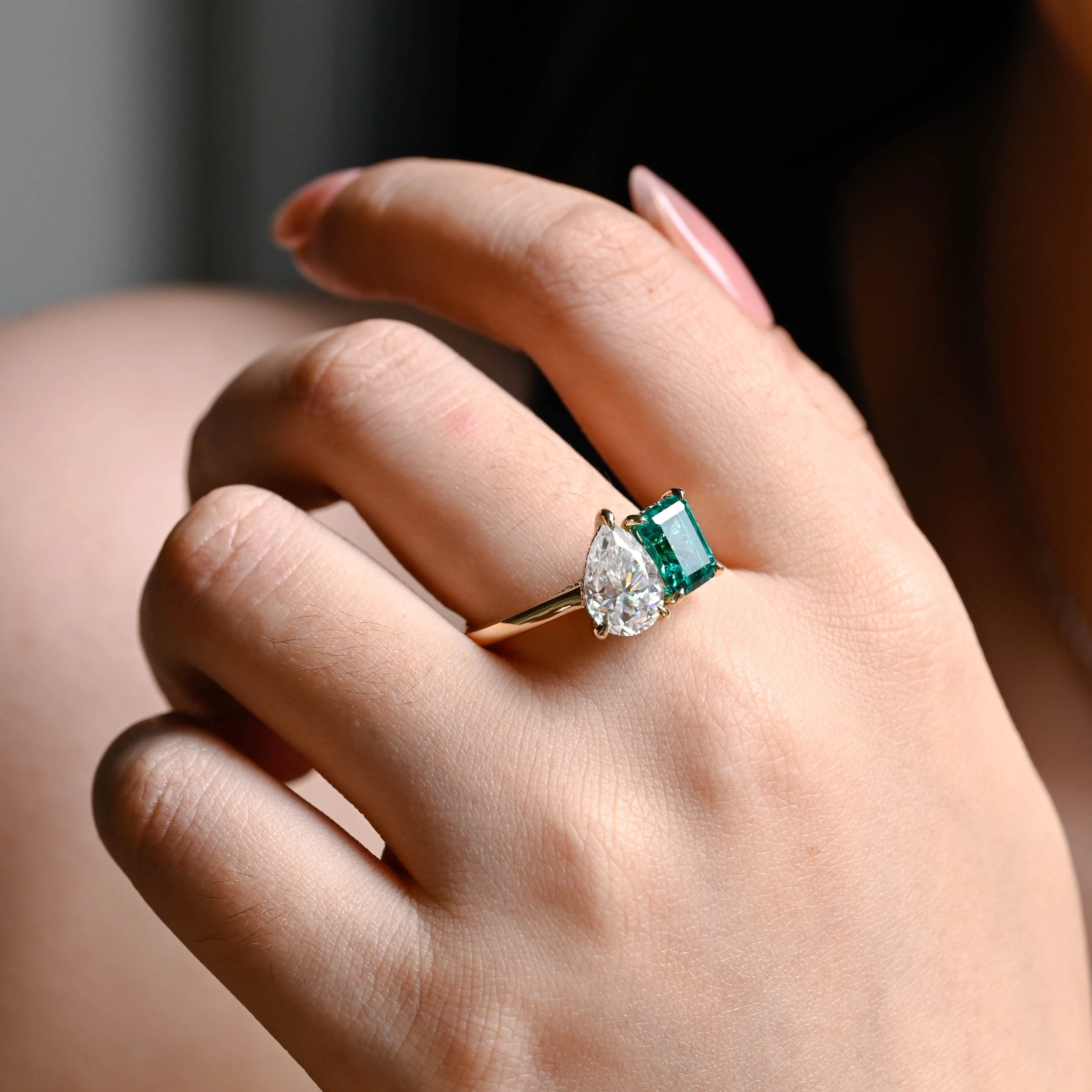 Solid Gold Toi Et Moi Pear Cut Moissanite & Lab Grown Emerald Engagement Ring sold by Causyou product image thumbnail 3