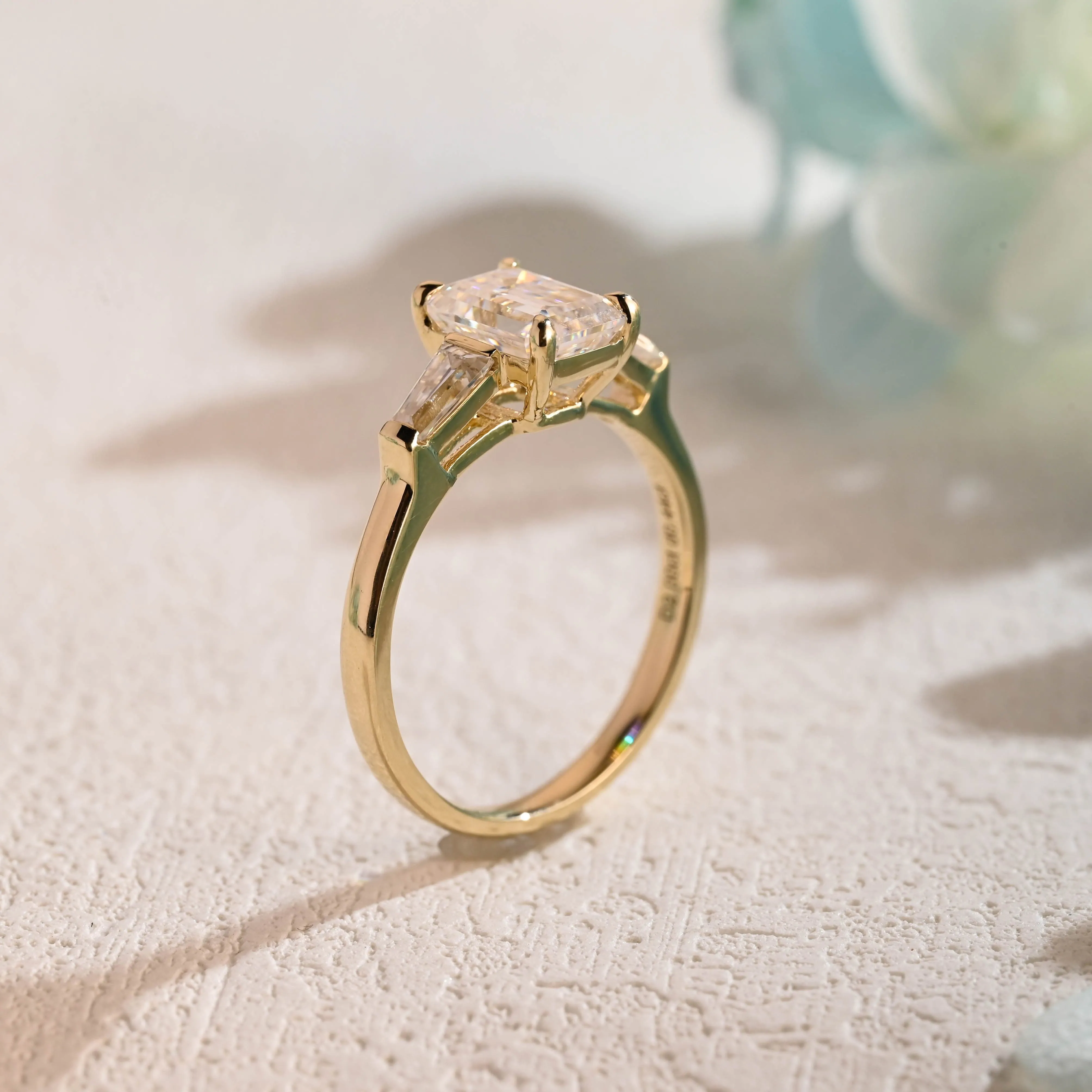 Solid Gold Emerald Cut Moissanite Engagement Ring, Three Stone Ring sold by Causyou product image thumbnail 5