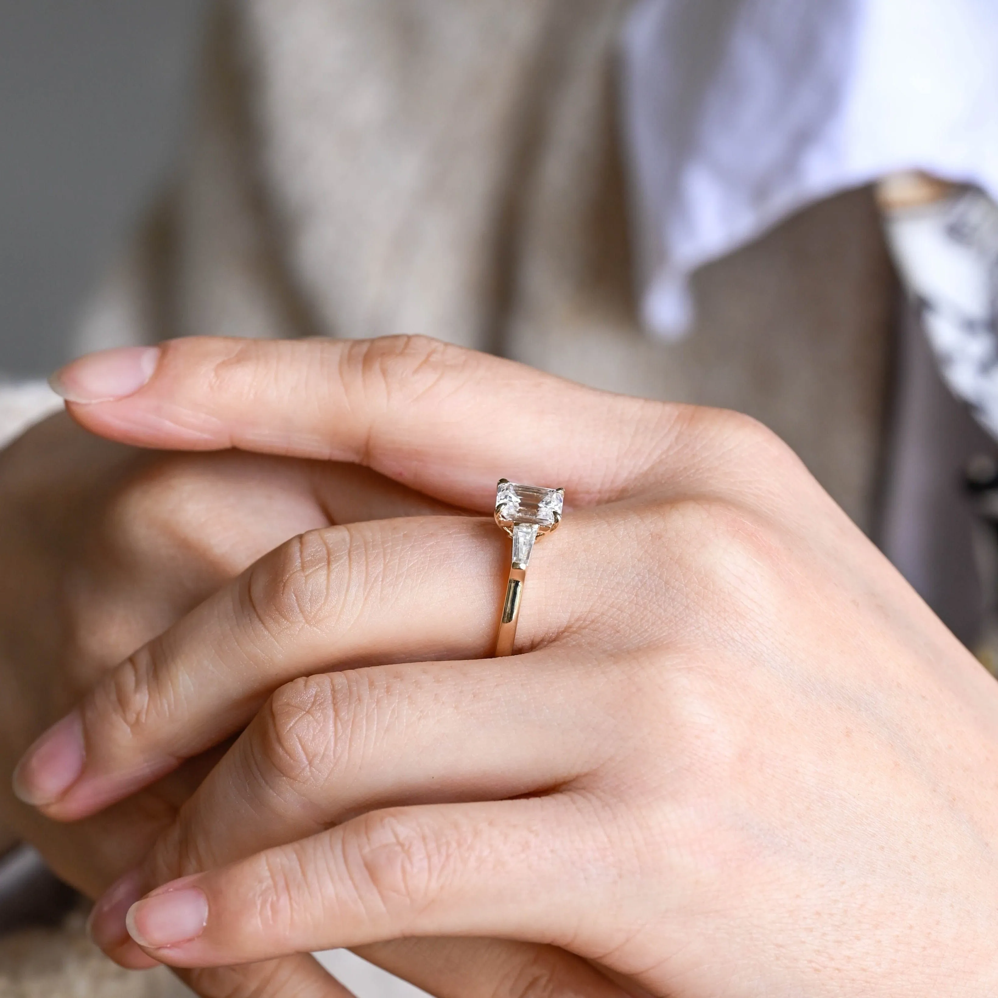 Solid Gold Emerald Cut Moissanite Engagement Ring, Three Stone Ring sold by Causyou product image thumbnail 4