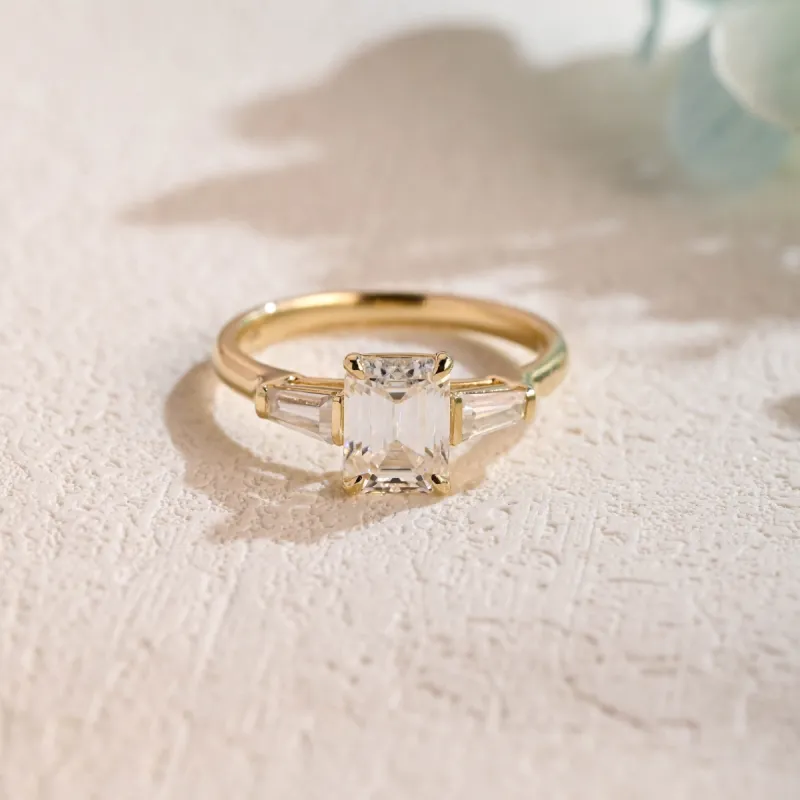 Solid Gold Emerald Cut Moissanite Engagement Ring, Three Stone Ring sold by Causyou