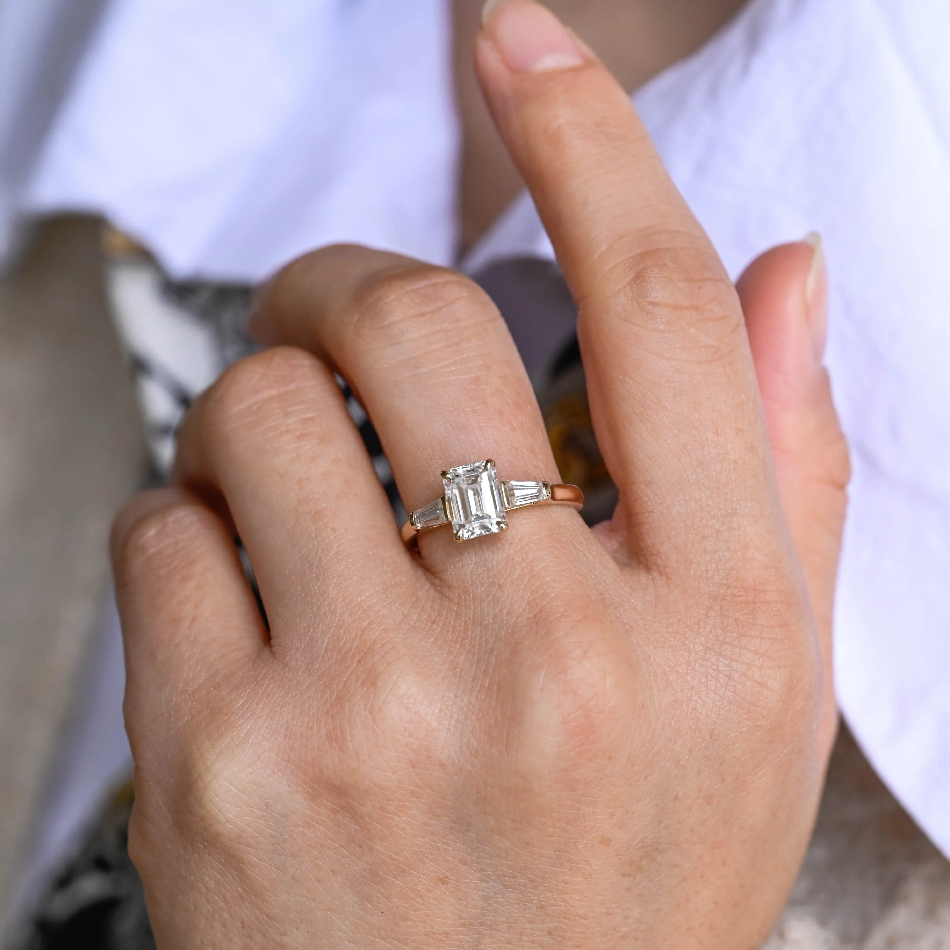 Solid Gold Emerald Cut Moissanite Engagement Ring, Three Stone Ring sold by Causyou product image thumbnail 2