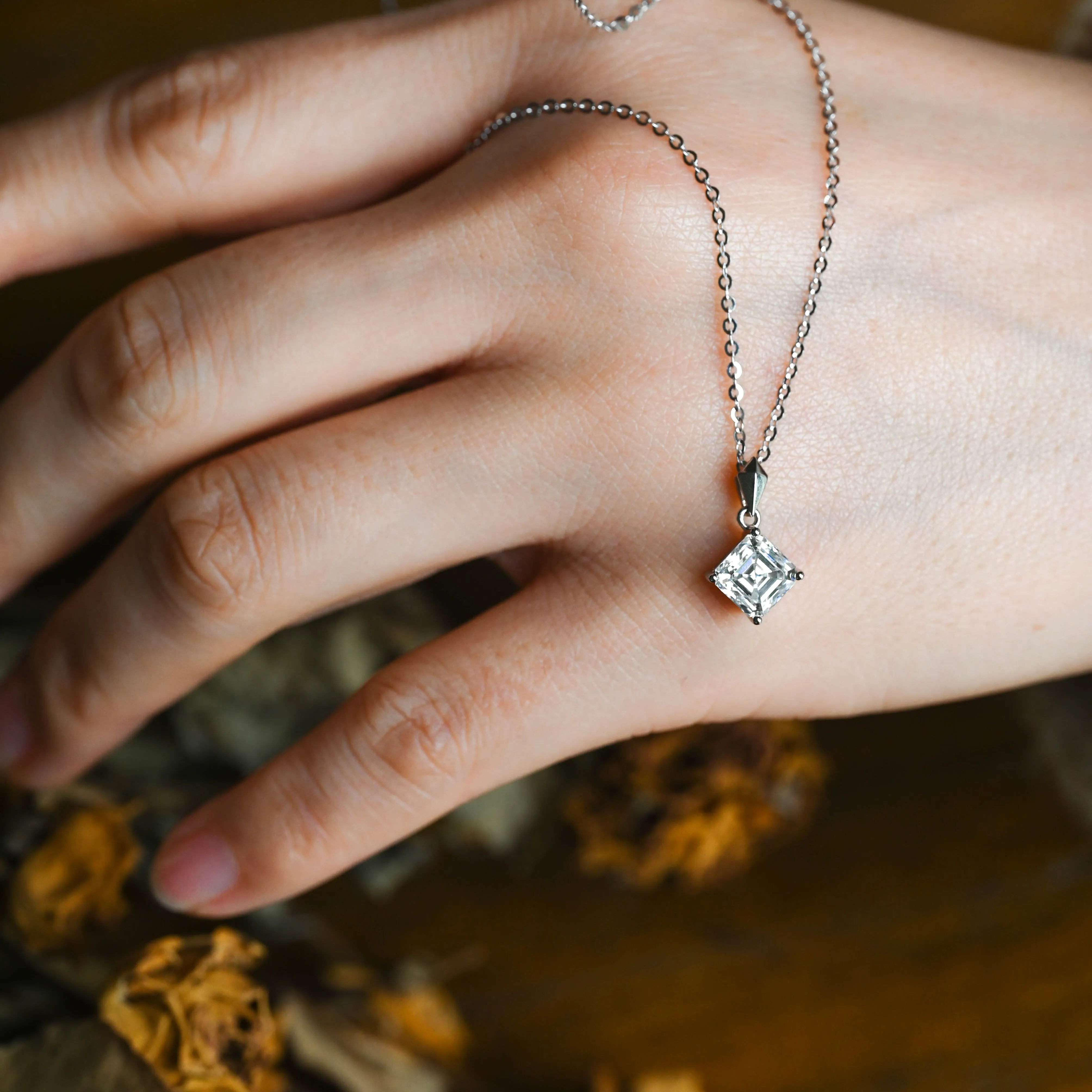 Solid Gold Minimalist Asscher Cut Moissanite Pendant Necklace sold by Causyou product image thumbnail 3
