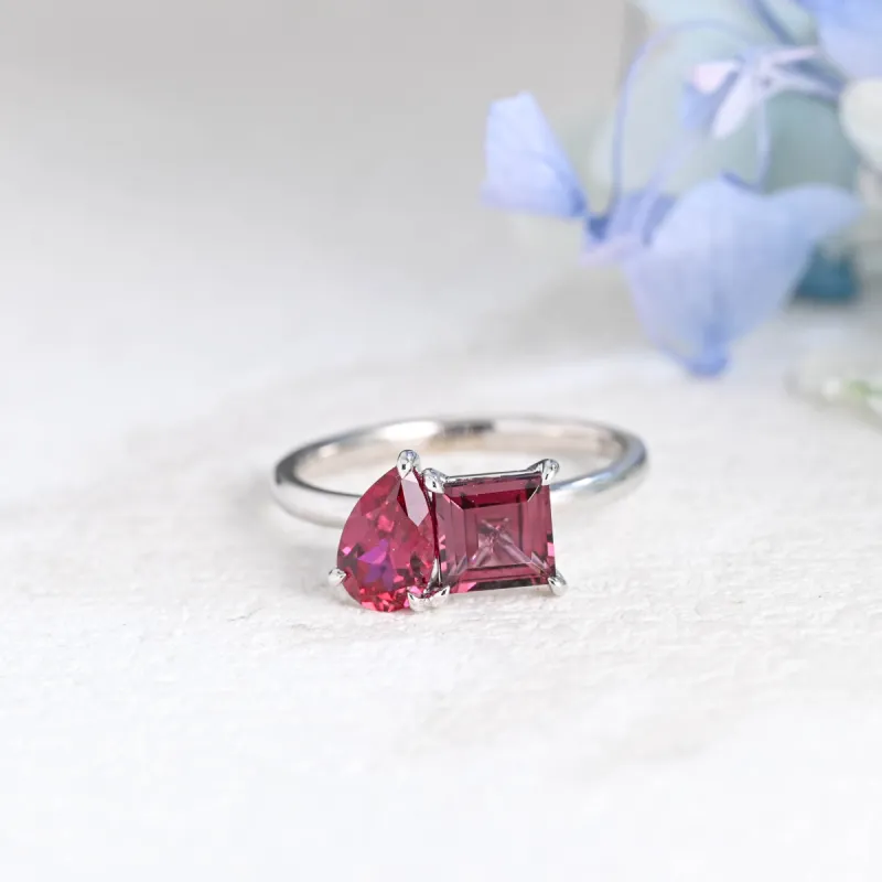 Solid Gold Toi Et Moi Princess Garnet & Pear Lab Grown Ruby Engagement Ring sold by Causyou