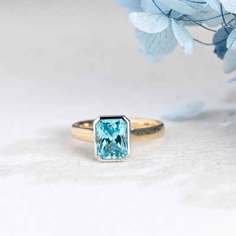 Solid Gold Two Tone Light Blue Radiant Cut Aquamarine Engagement Ring sold by Causyou