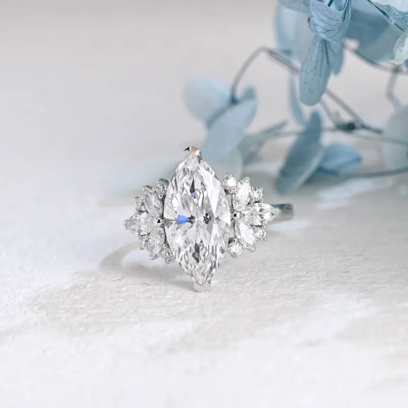 Solid Gold Side Clister Marquise Cut Moissanite Engagement Ring sold by Causyou