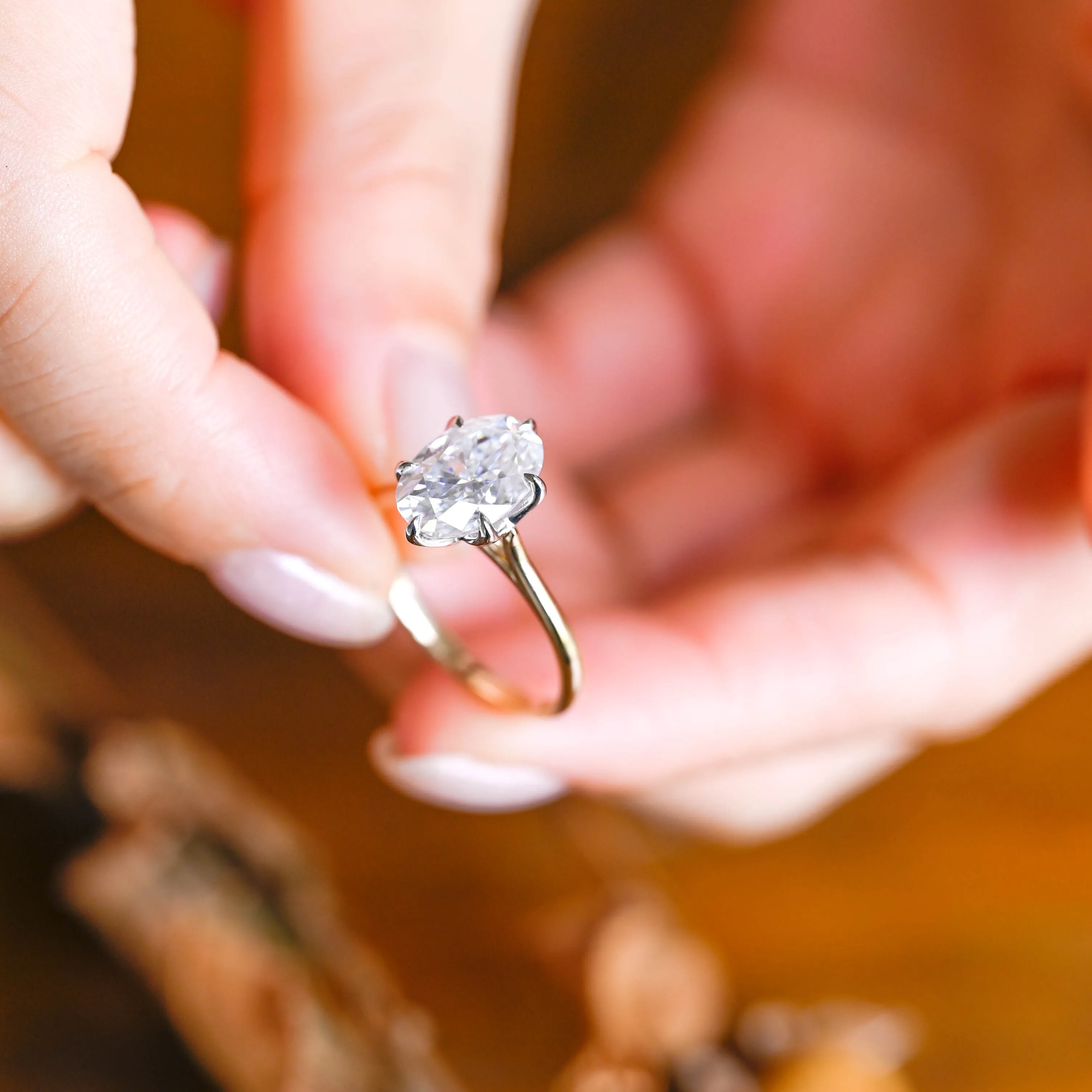 Solid Gold Solitaire Two Tone Oval Cut Moissanite Engagement Ring sold by Causyou product image thumbnail 4