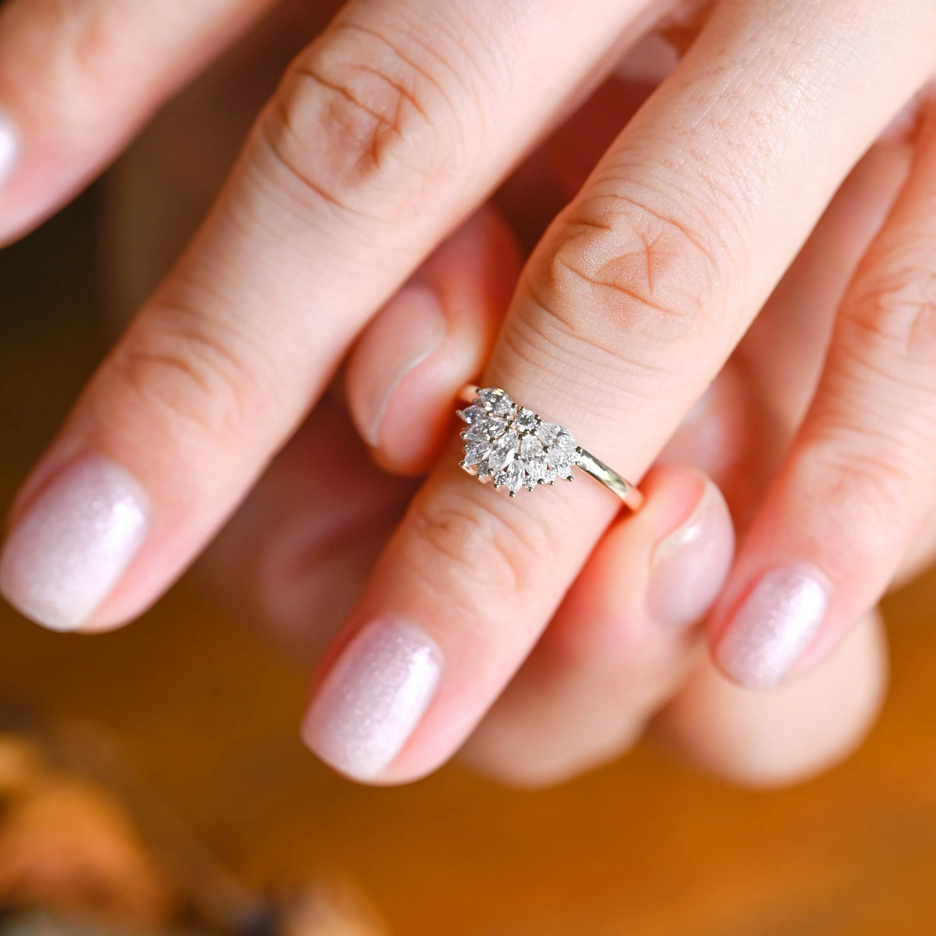 Solid Gold Floral Marquise & Round Cut Moissanite Wedding Band sold by Causyou product image thumbnail 2