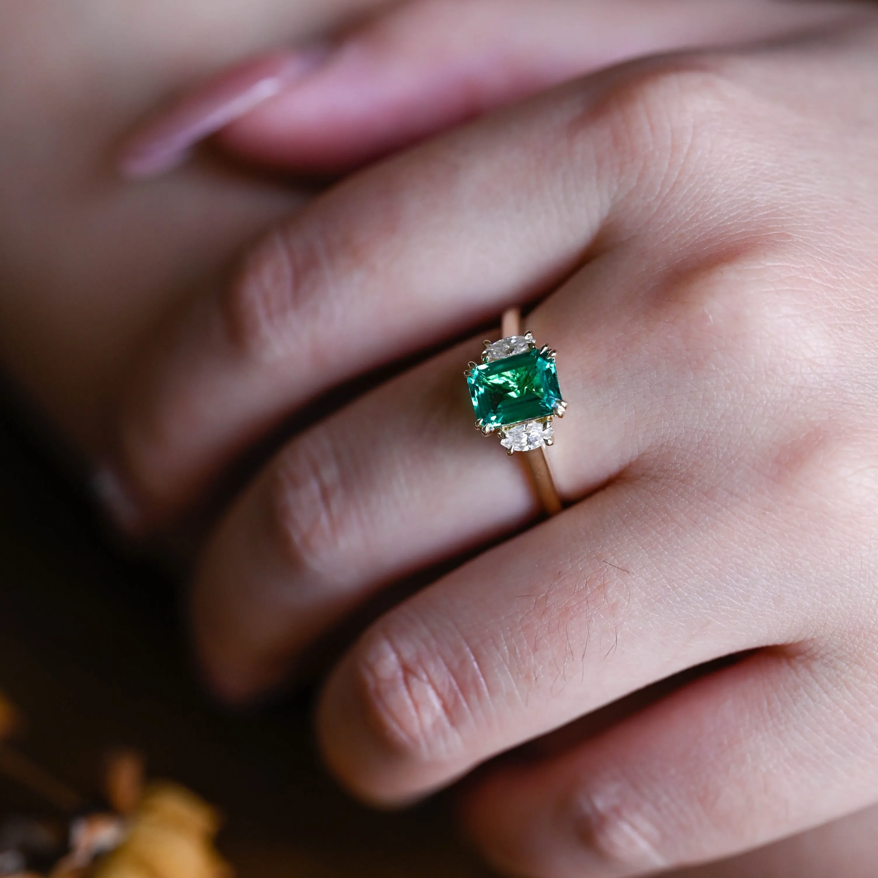 Solid Gold Three Stone Lab Emerald Engagement Ring sold by Causyou product image thumbnail 3