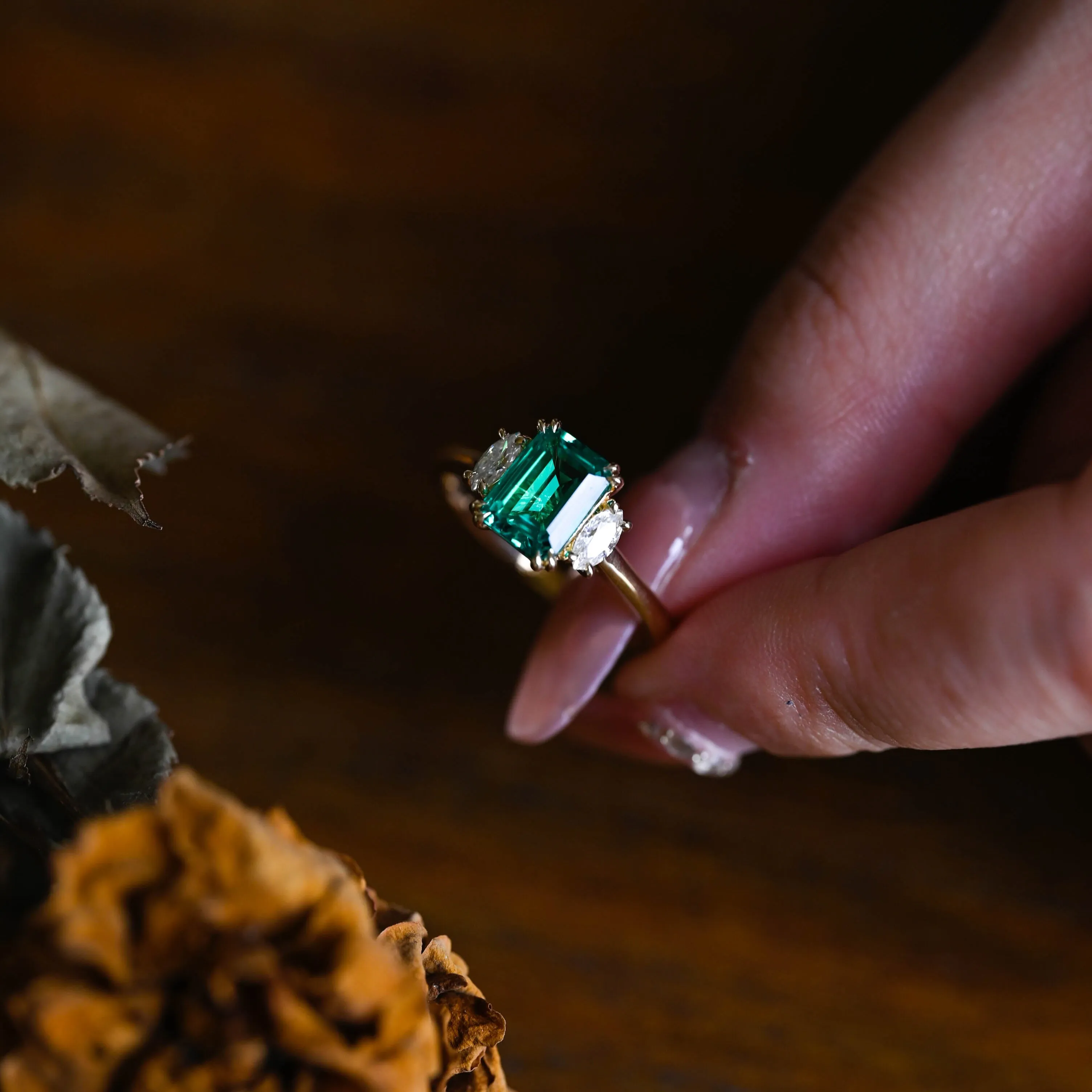 Solid Gold Three Stone Lab Emerald Engagement Ring sold by Causyou product image thumbnail 4