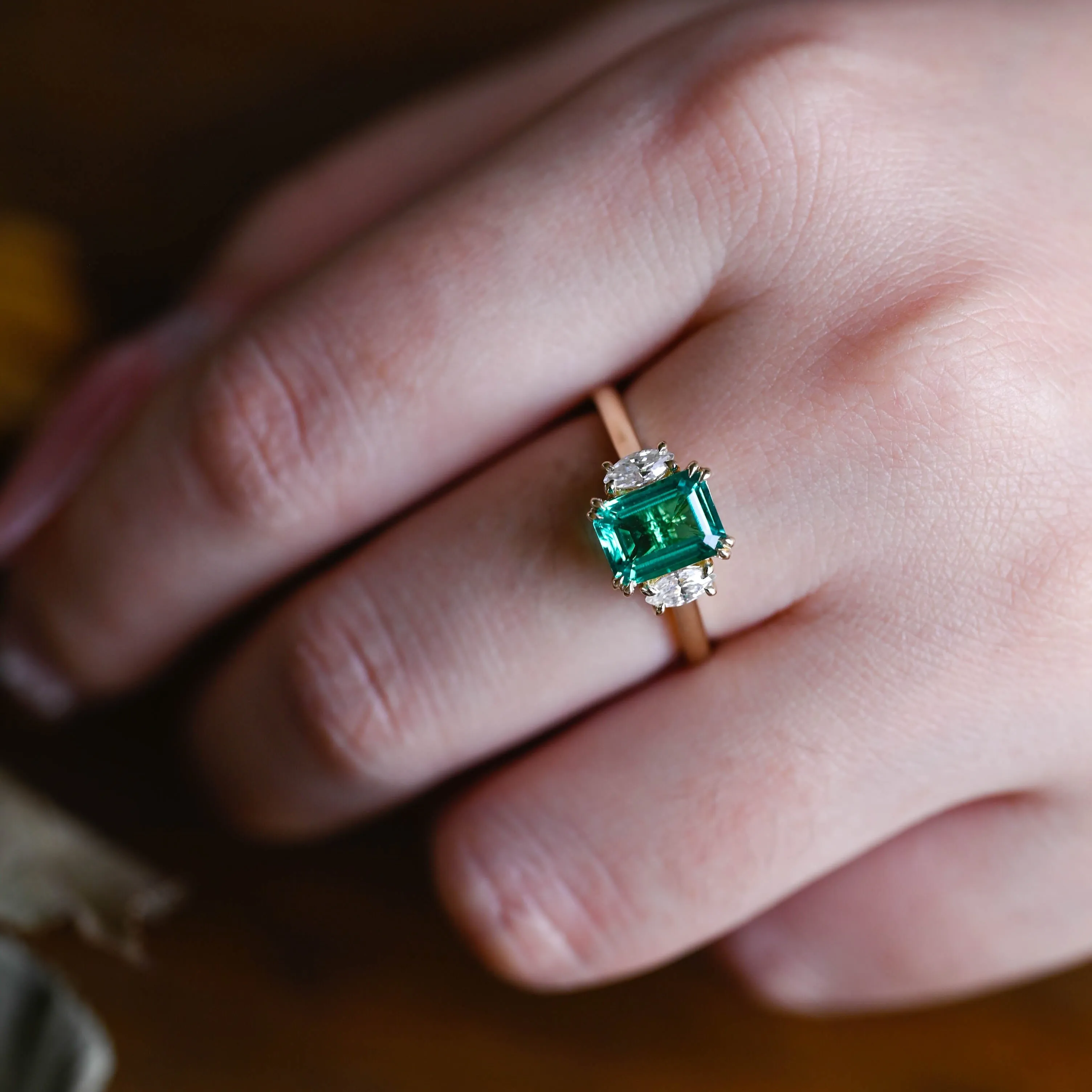 Solid Gold Three Stone Lab Emerald Engagement Ring sold by Causyou product image thumbnail 2