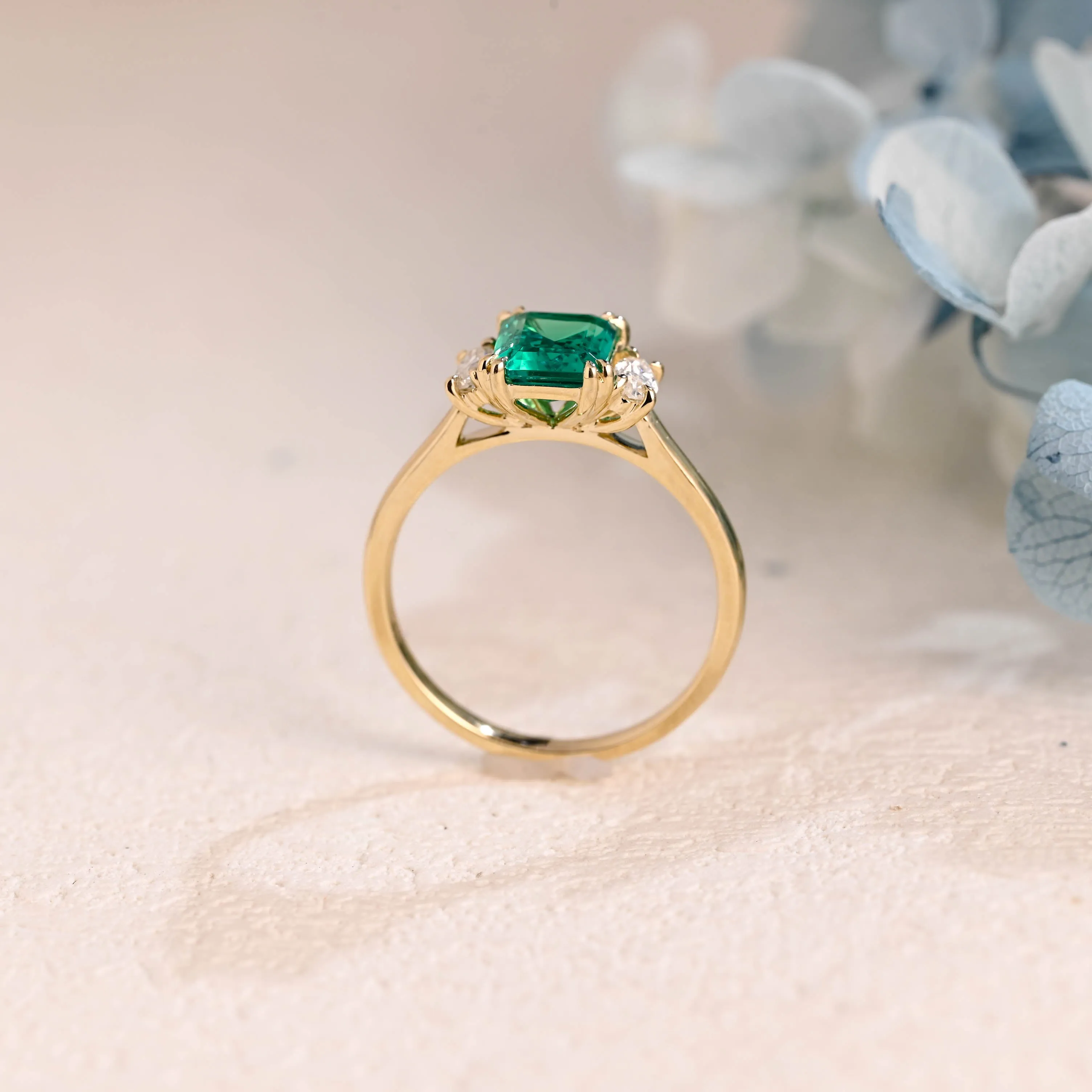 Solid Gold Three Stone Lab Emerald Engagement Ring sold by Causyou product image thumbnail 5