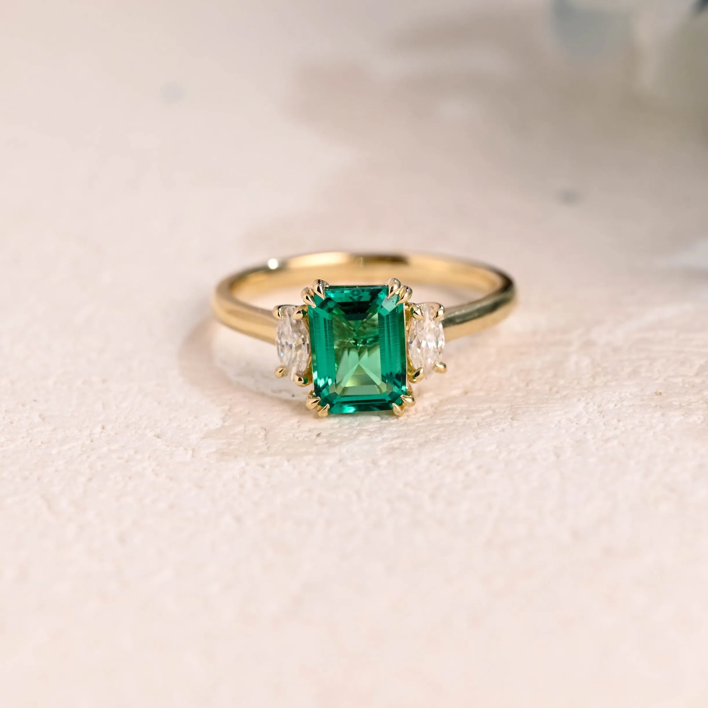 Solid Gold Three Stone Lab Emerald Engagement Ring sold by Causyou
