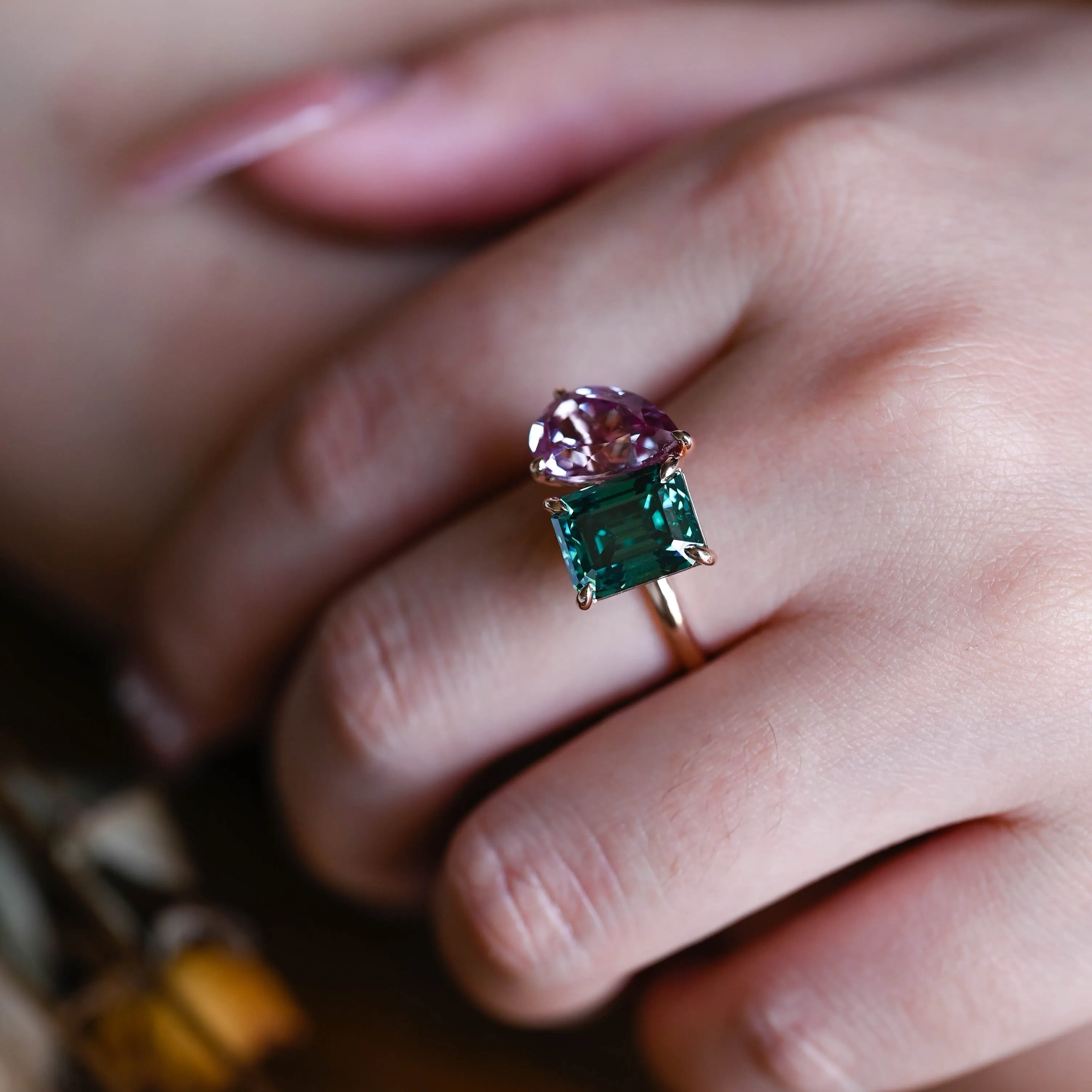 Solid Gold Toi Et Moi Emerald Cut Green Moissanite & Pear Cut Alexandrite Engagement Ring Hidden Halo sold by Causyou product image thumbnail 3