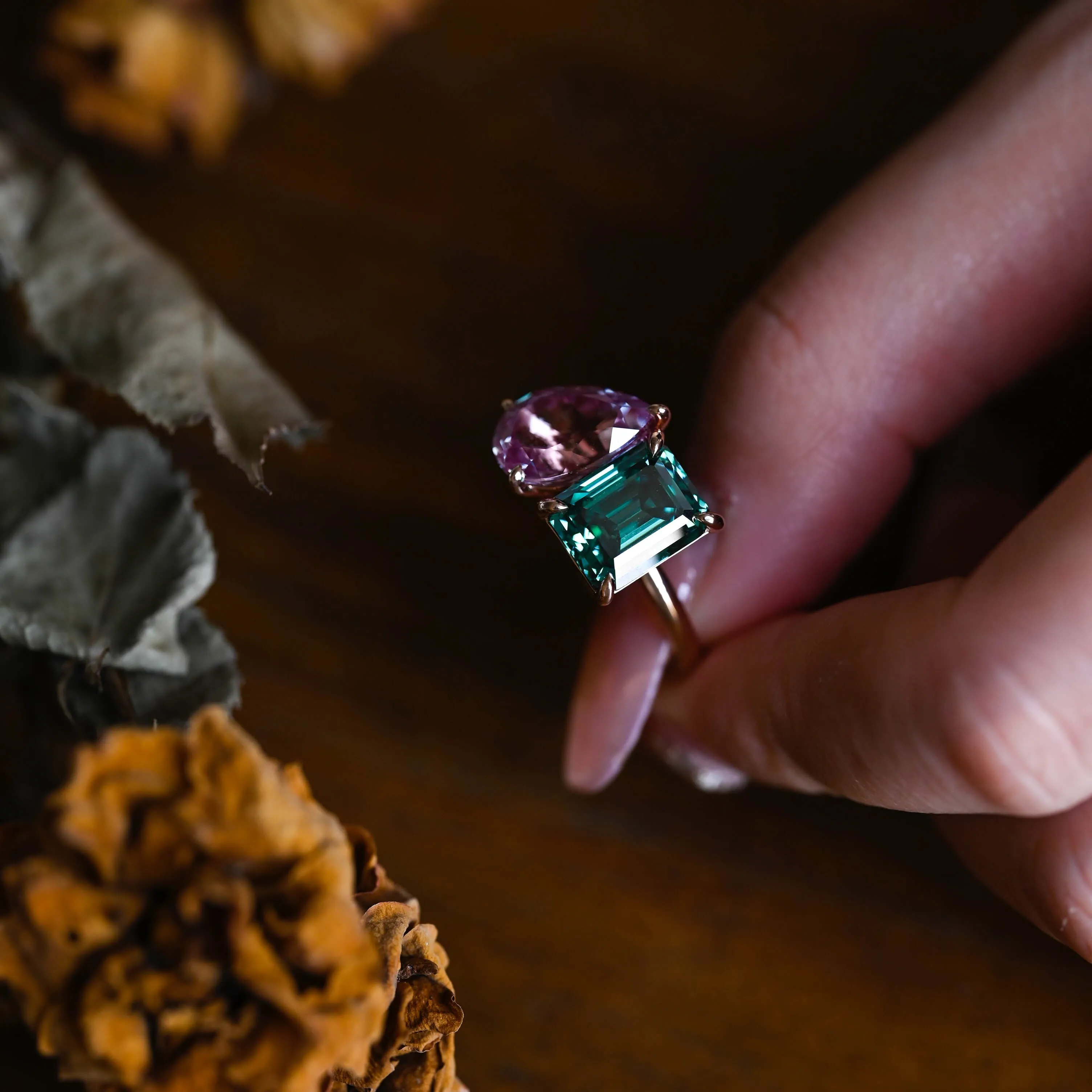 Solid Gold Toi Et Moi Emerald Cut Green Moissanite & Pear Cut Alexandrite Engagement Ring Hidden Halo sold by Causyou product image thumbnail 4