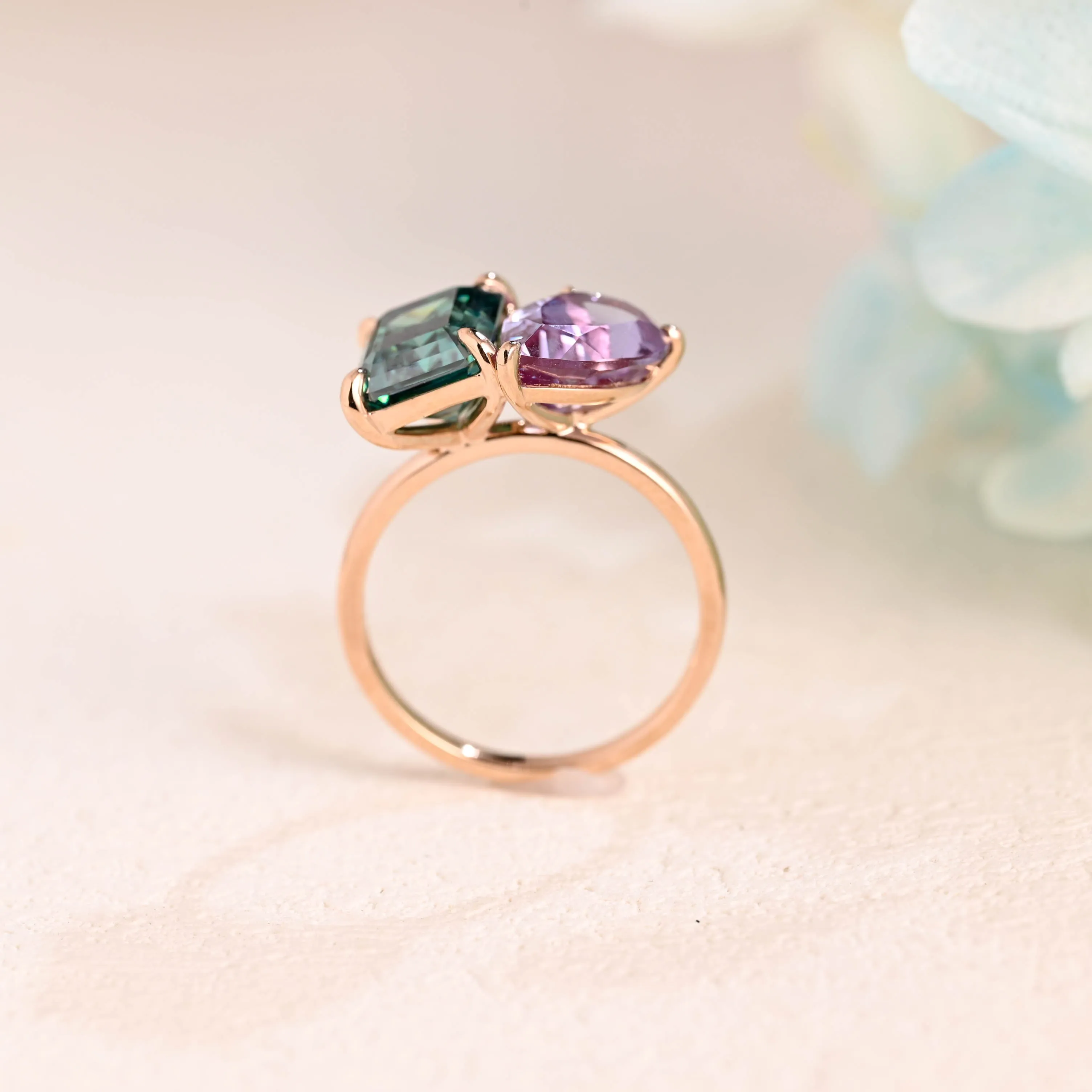 Solid Gold Toi Et Moi Emerald Cut Green Moissanite & Pear Cut Alexandrite Engagement Ring Hidden Halo sold by Causyou product image thumbnail 5