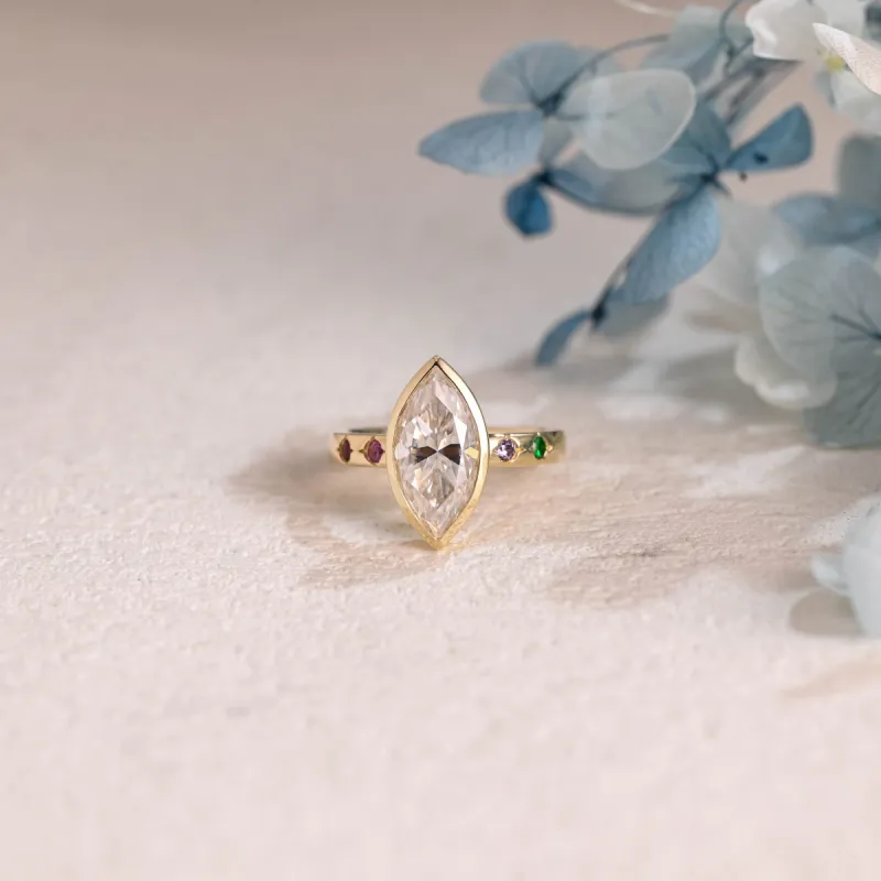 Bezel Solid Gold Marquise Cut Moissanite Engagement Ring sold by Causyou