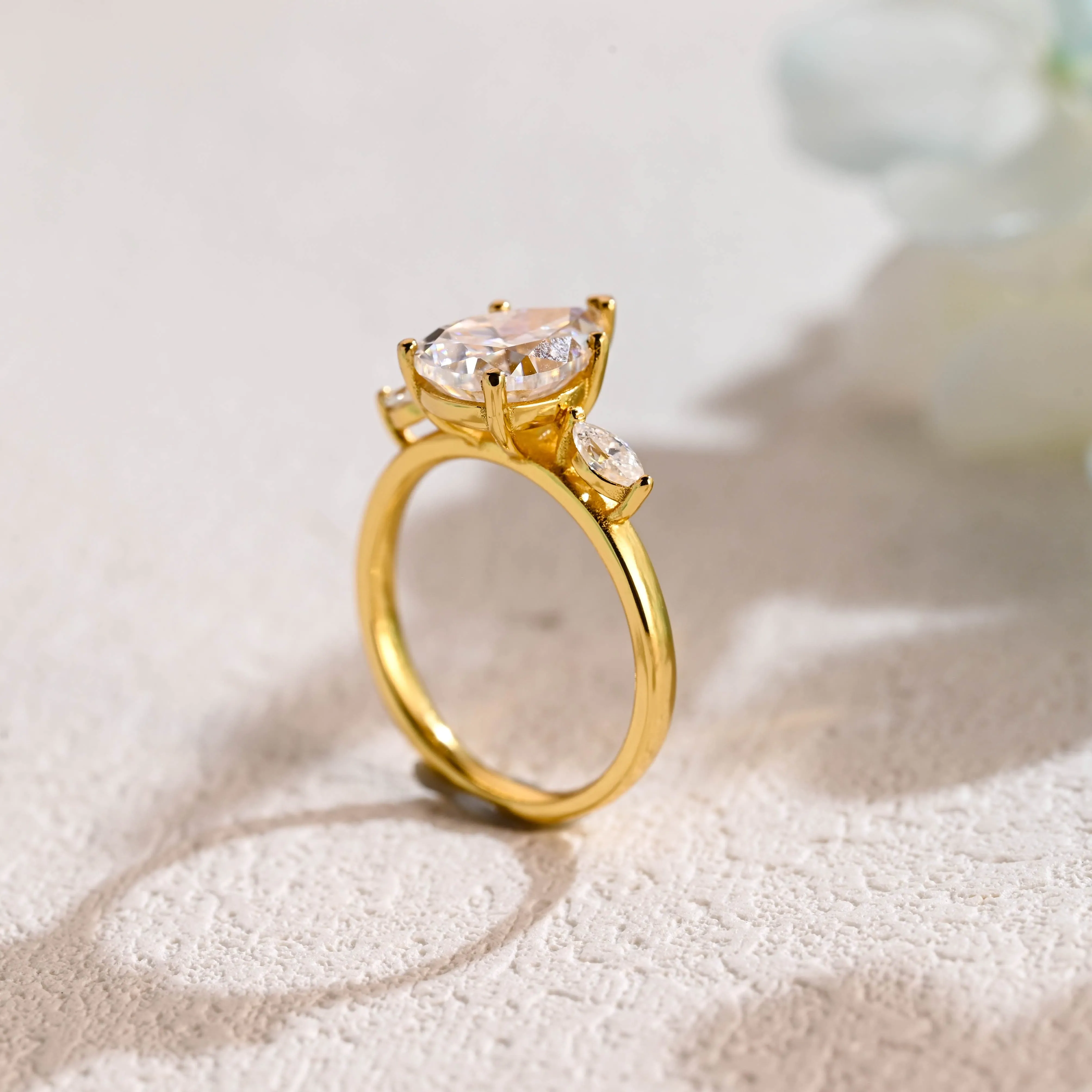 Solid Gold Three Stone Pear Cut Moissanite Engagement Ring sold by Causyou product image thumbnail 5