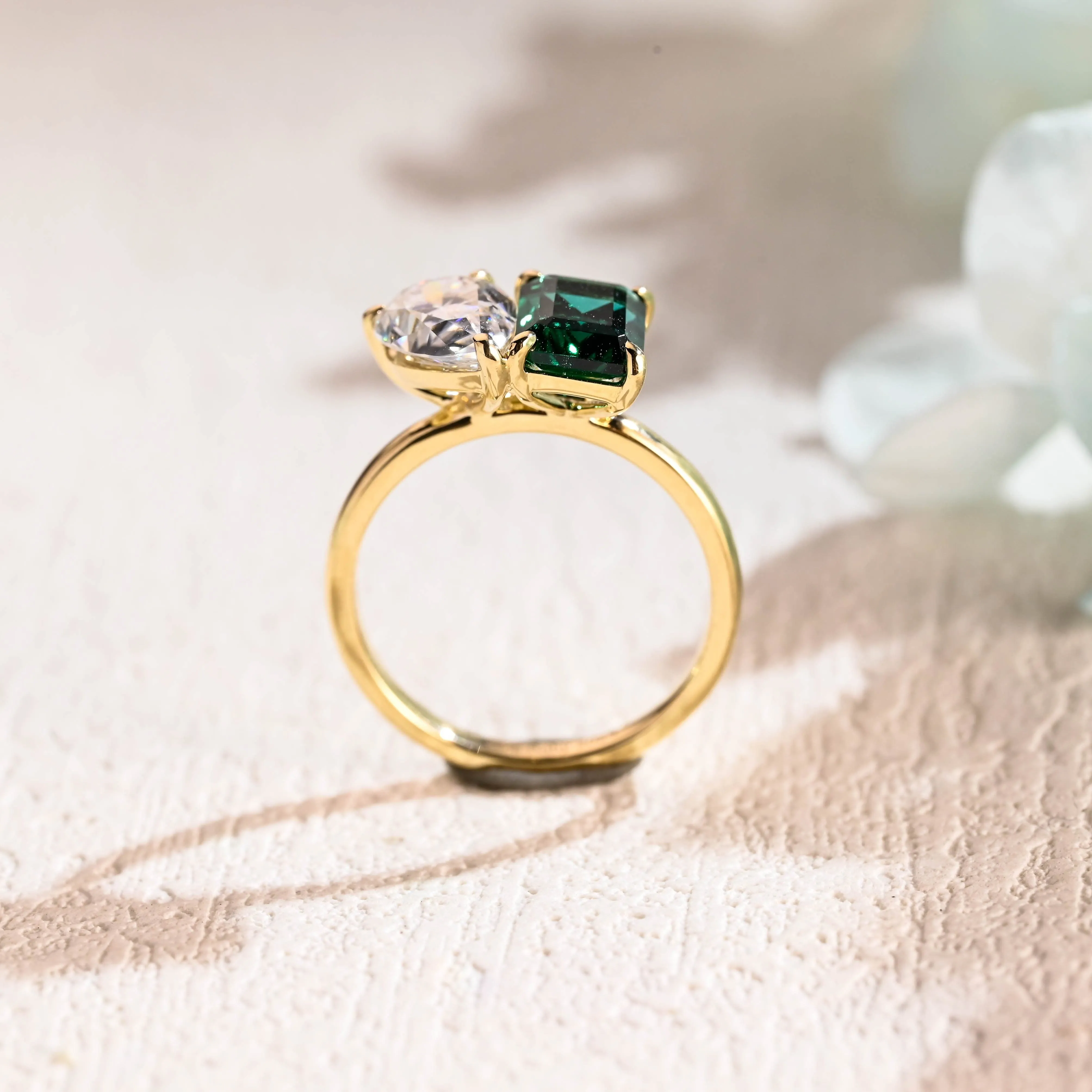 Solid Gold Toi et Moi Lab Grown Emerald & Pear Cut Moissanite Engagament Ring sold by Causyou product image thumbnail 5