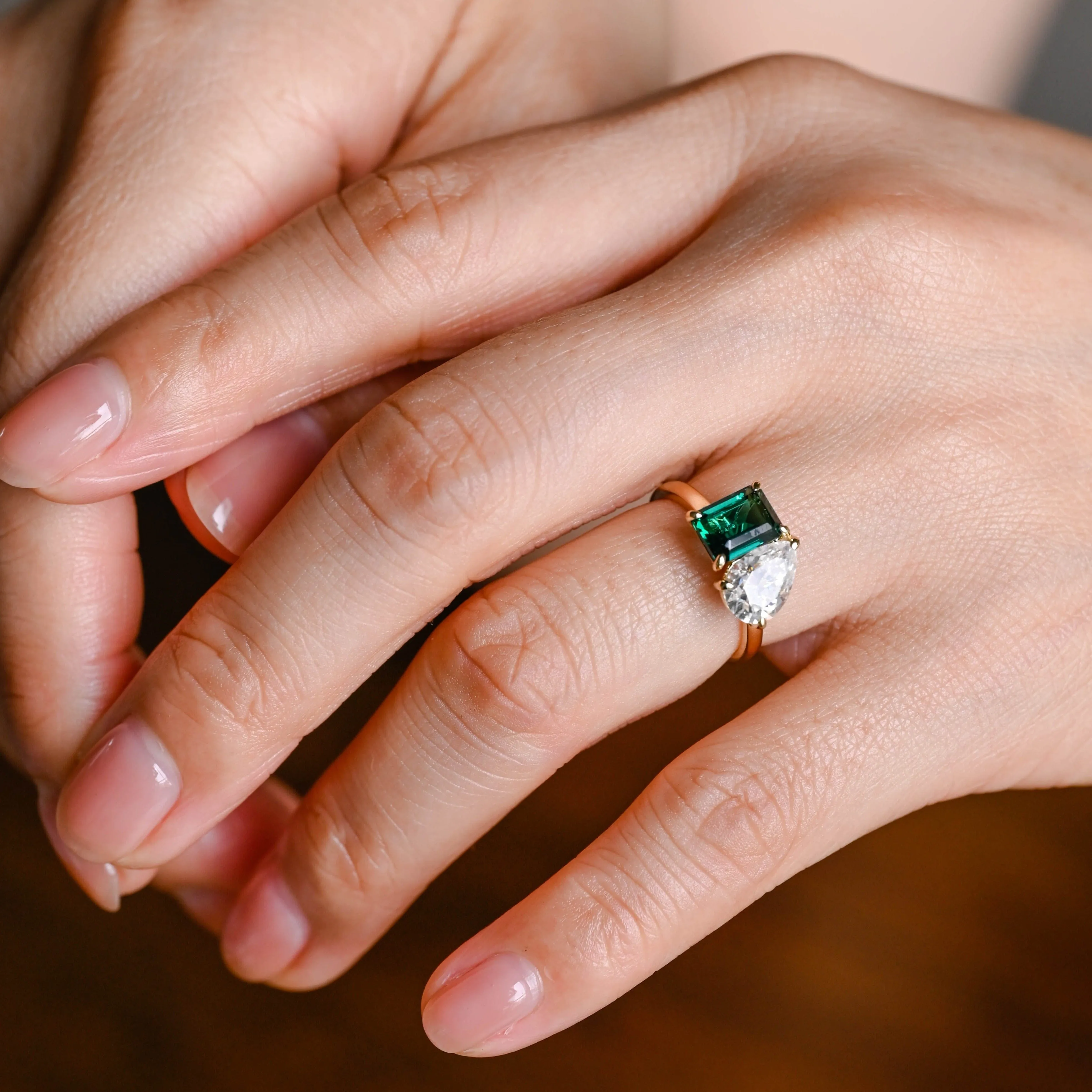Solid Gold Toi et Moi Lab Grown Emerald & Pear Cut Moissanite Engagament Ring sold by Causyou product image thumbnail 2