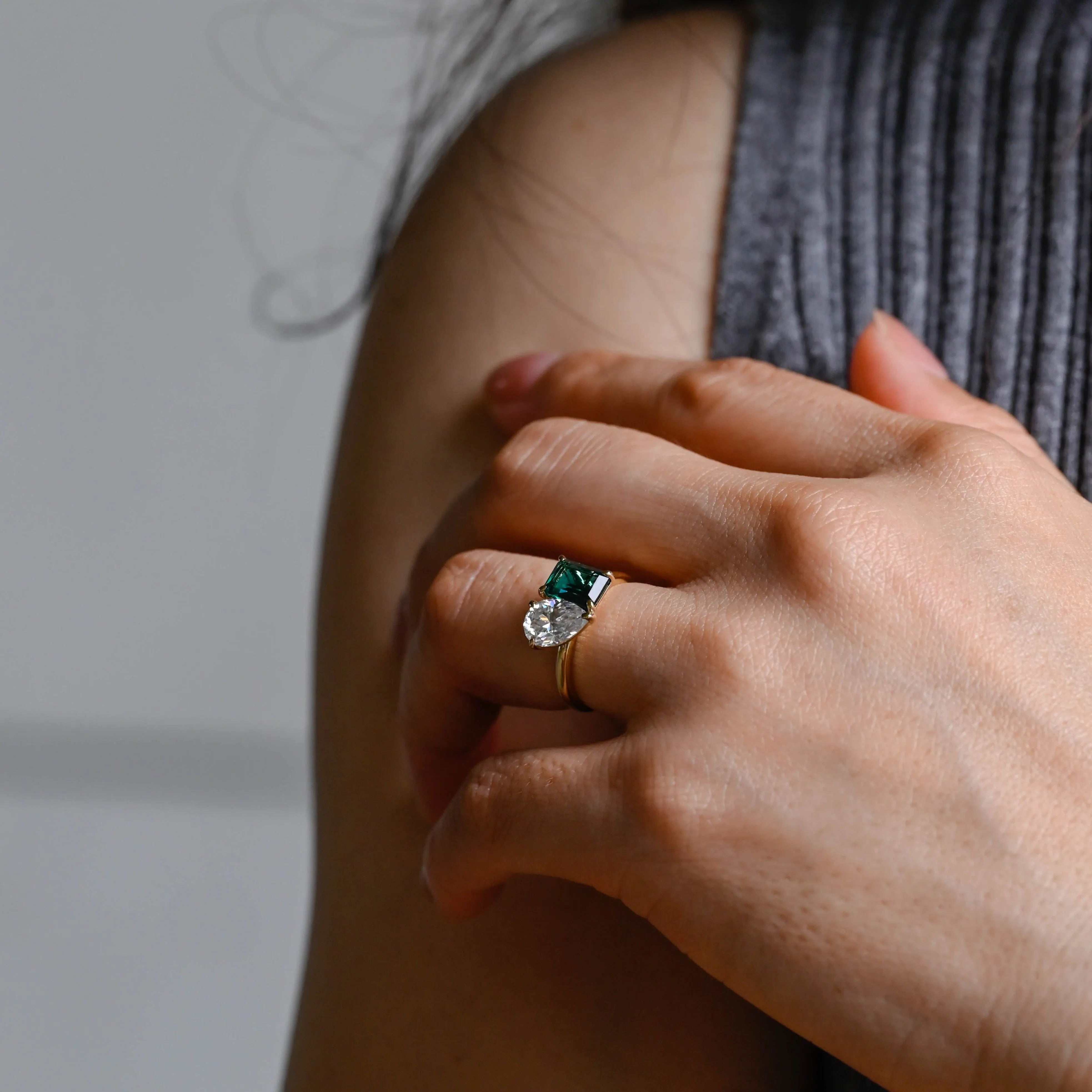 Solid Gold Toi et Moi Lab Grown Emerald & Pear Cut Moissanite Engagament Ring sold by Causyou product image thumbnail 3