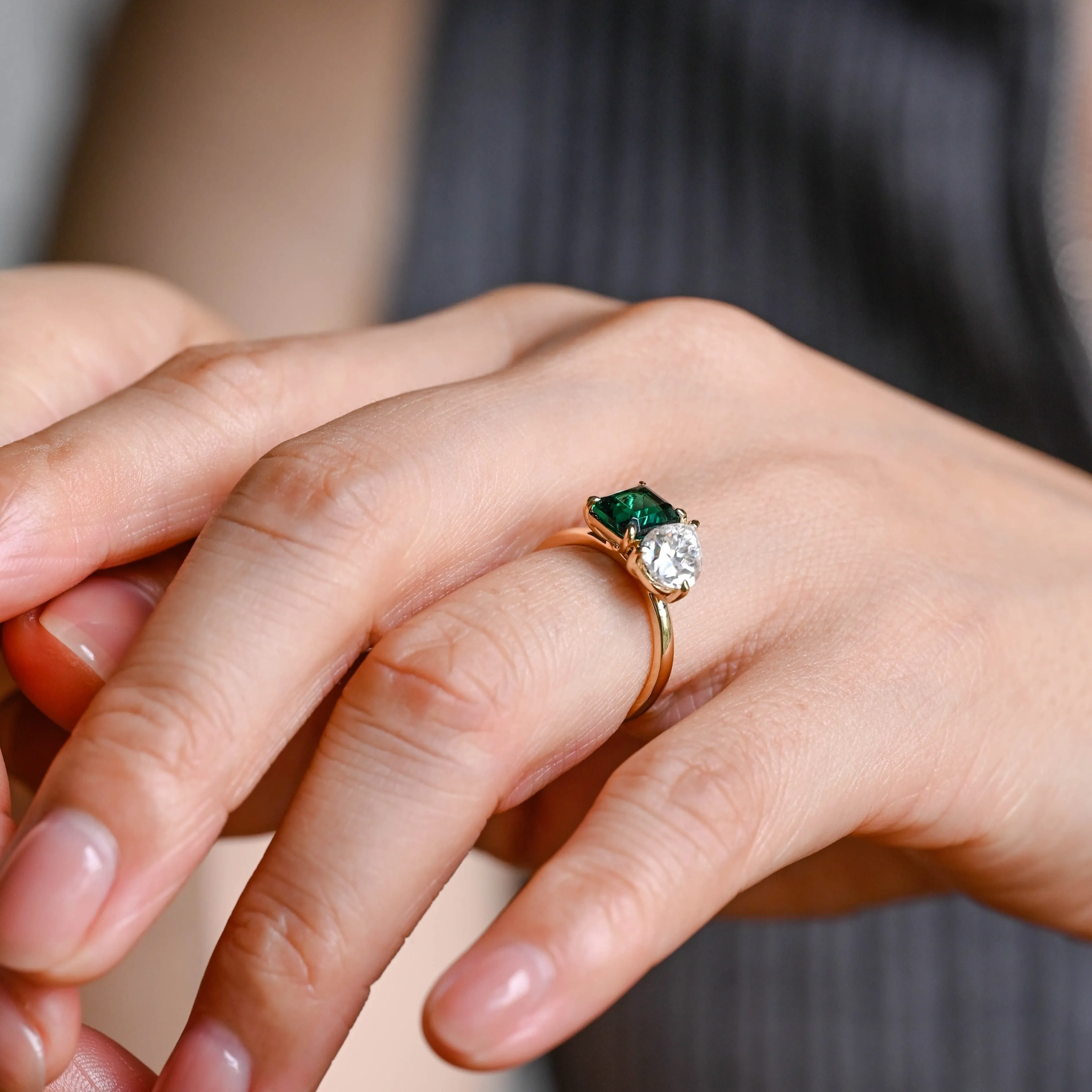 Solid Gold Toi et Moi Lab Grown Emerald & Pear Cut Moissanite Engagament Ring sold by Causyou product image thumbnail 4